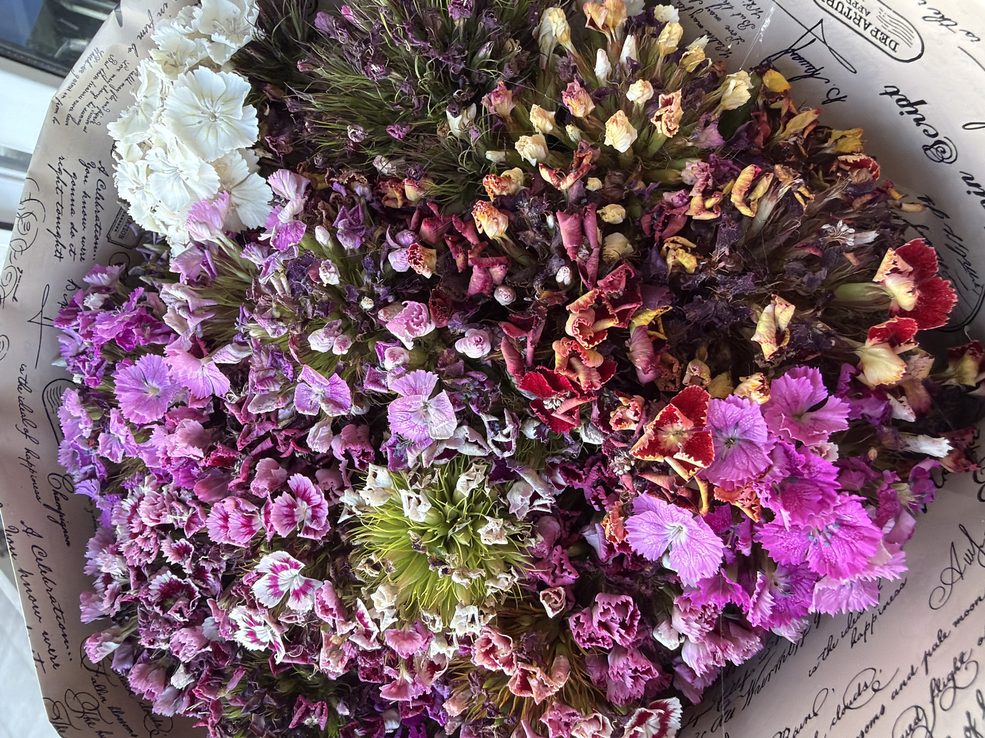 The image is a close-up, overhead shot of a bouquet of dried flowers, predominantly in shades of pink, white, and red, with some green foliage. The flowers are arranged loosely, with many petals appearing wilted and some having fallen. The bouquet is wrapped in paper that has a vintage, script-like text printed on it, resembling old letters or documents. Some of the text is visible, including words like "Happiness," "Celebration," "Script," and a stamp that says "DEPARTURE." The lighting suggests an indoor setting, possibly near a window due to the slight glare and shadow on the paper. The composition is tightly cropped on the flowers, with the background paper filling the lower portion of the frame. There are no people or animals visible in the image. The scene is static, focusing solely on the arrangement of the flowers and the decorative paper wrapping. There are no discernible elements that would indicate a specific location in the city of Kyiv, Ukraine, or any other geographical context. The image is purely a still life of a floral arrangement.