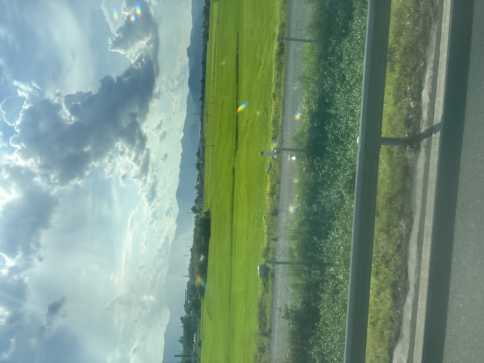 The image displays a rural landscape under a cloudy sky with shafts of sunlight breaking through. In the foreground, a gray metal guardrail runs horizontally across the frame, separating the viewer's vantage point, which appears to be from a moving vehicle on an asphalt road, from a grassy embankment. Beyond the embankment, a vast, vibrant green field, likely rice paddies, stretches towards a treeline and then to a range of distant, hazy mountains. Several scattered fence posts dot the field, and some utility poles are visible in the mid-ground. Small, rainbow-like light refractions are present in the sky and on the field, suggesting the presence of a lens flare or atmospheric effect. The scene is devoid of people or discernible activity.