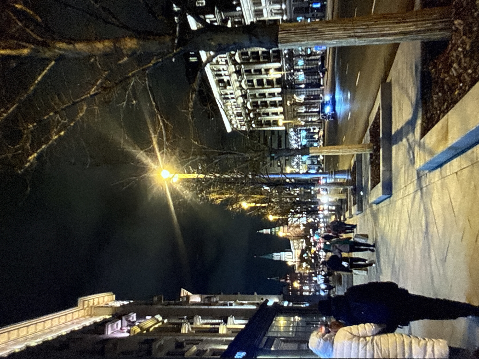 This image depicts a nocturnal urban street scene, identified as being in Kardzhali, Bulgaria. The scene is brightly illuminated by numerous artificial light sources under a dark, overcast sky.
In the background, several ornate, tall towers with spires are clearly visible, characteristic of historical architecture. One prominent tower's spire is distinctly topped with a red star.
Along the left side of the image, a wide sidewalk runs parallel to a multi-story building featuring classical architectural elements, including cornices and ornate window designs, all highlighted by warm-toned illumination. Multiple pedestrians are distributed along this sidewalk, with two individuals in the immediate foreground walking away from the camera. The leftmost person wears a light-colored, possibly white or cream, long, quilted coat. The person immediately to their right wears a dark, likely black, jacket and trousers. Further down the sidewalk, other indistinct pedestrians are visible, some appearing to carry shopping bags.
To the right, a multi-lane asphalt road separates the pedestrian area from another large, illuminated building across the street. This building also displays elaborate architectural detailing. White lane markings are visible on the road surface, and several vehicles are present, including a car with illuminated blue headlights driving in the mid-ground.
A row of bare deciduous trees, indicative of winter or early spring, lines the right side of the sidewalk. These trees are planted within square, raised planters filled with dark soil or mulch. The lower trunks of these trees are wrapped in a lighter material. Bright streetlights with yellow-orange light punctuate the scene, casting long shadows across the pavement. The overall environment suggests an active city street during the evening hours.