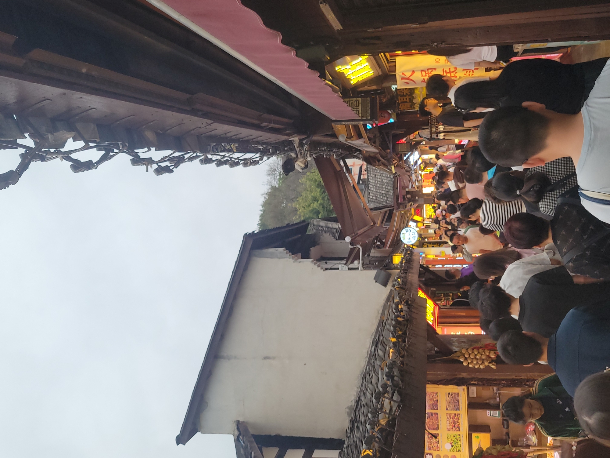 The image captures a bustling street scene in Shapingba District, China. The view is angled, looking down the narrow street, densely packed with pedestrians. People are seen walking in various directions, many with their backs to the camera, indicating a high level of activity.
The buildings lining the street exhibit traditional Chinese architectural elements, with dark wooden structures and tiled roofs. Some buildings are adorned with bright neon signs in Chinese characters, suggesting a commercial area with shops and restaurants. Above, a pink awning is visible, likely providing cover for storefronts.
The sky above is overcast, indicating a day with subdued lighting. The street is filled with people of different ages, their clothing styles mixed, reflecting a contemporary urban setting within a traditional framework.