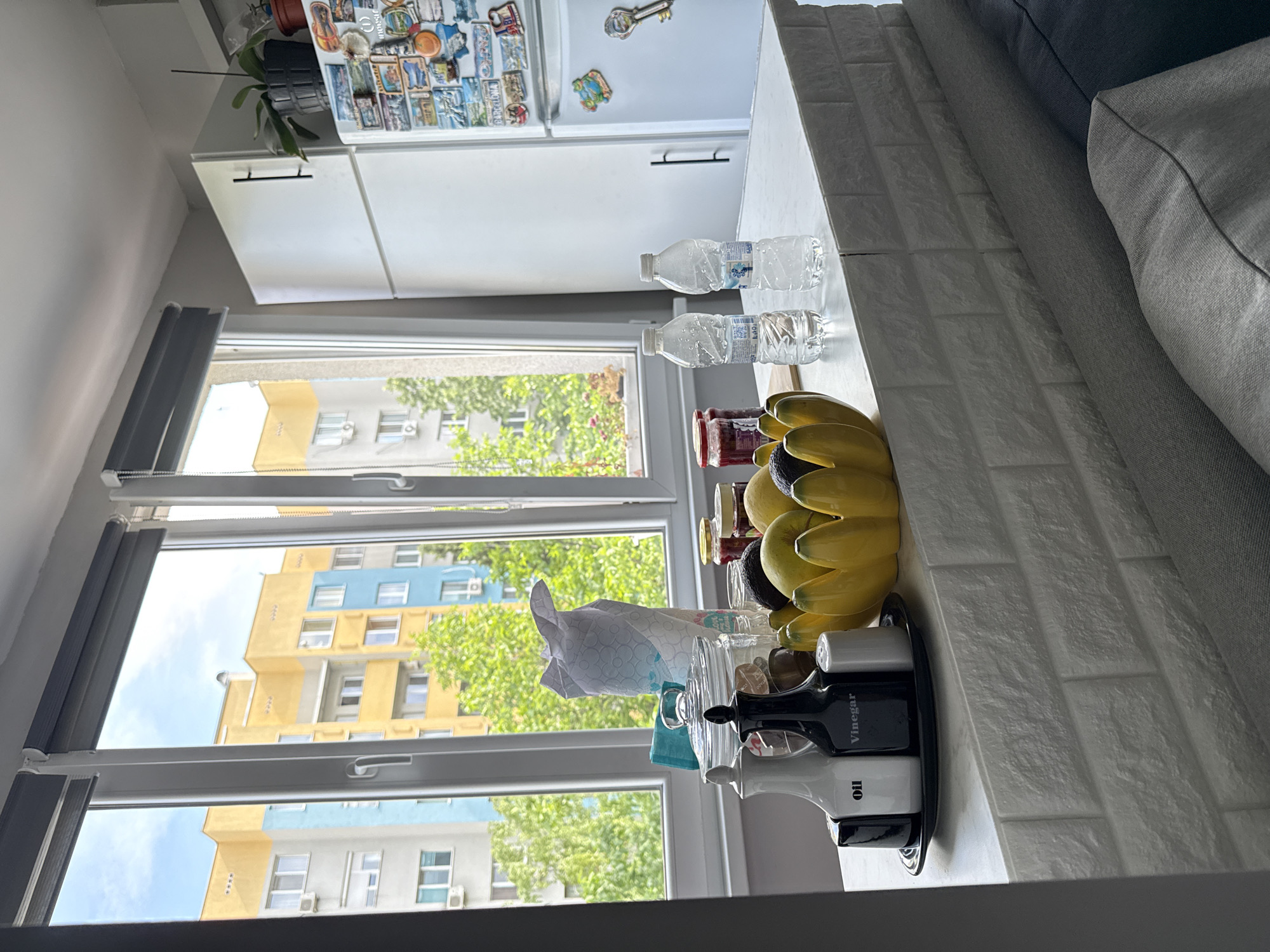 The image depicts an interior scene with a window view of a building in Stara Zagora, Bulgaria. Visible within the room are two water bottles, a bunch of bananas, several glass jars, and a set of oil and vinegar bottles on a black tray. The building outside the window has a facade featuring yellow and blue sections, and is set amongst green trees. The window has dark grey blinds. A white refrigerator with magnets is also visible. The right side of the image shows a white brick-patterned surface, next to a grey fabric cushion.