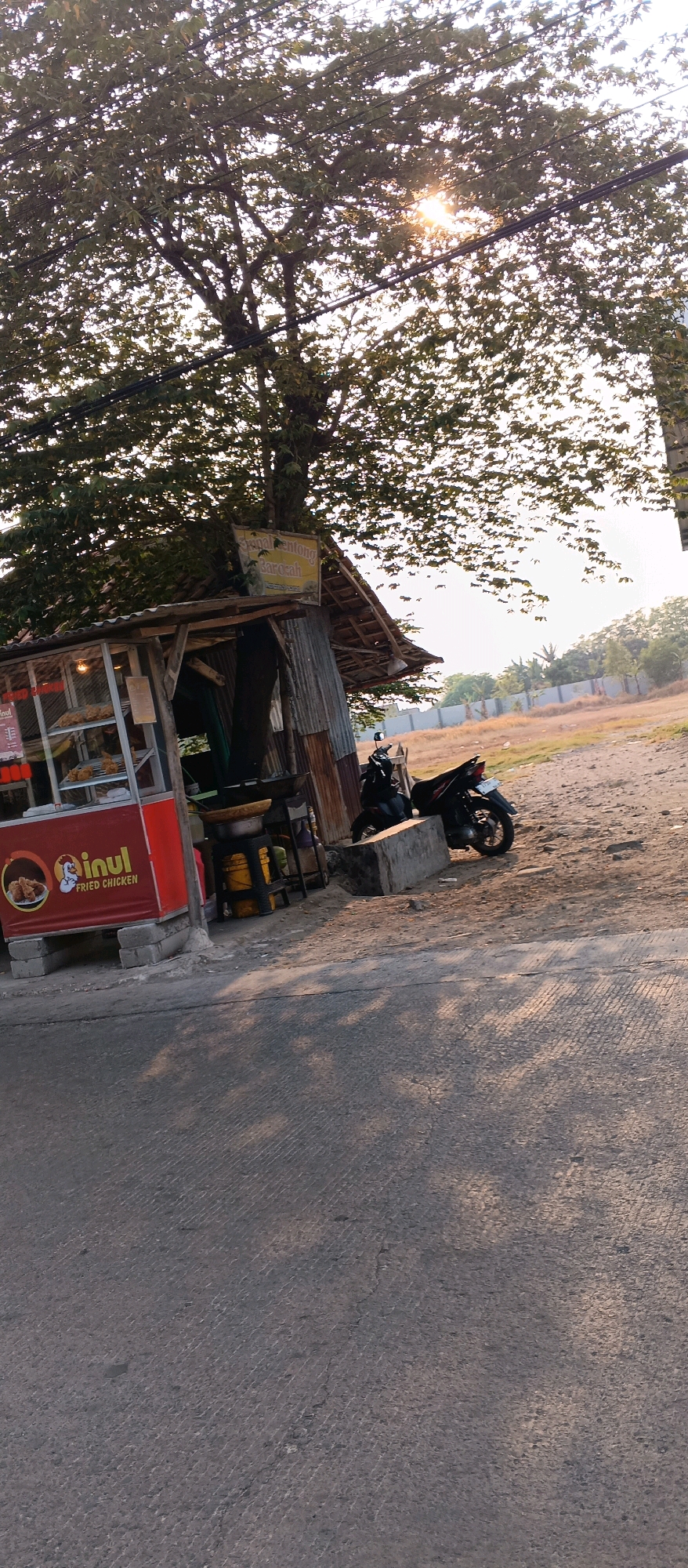 A roadside fried chicken stand, identified by a red banner with a chicken logo and the text "inul FRIED CHICKEN", is situated under a large tree with dappled sunlight filtering through its leaves. The stand has a corrugated metal roof and sides, with a glass display case showing fried chicken. Next to the stand, a black scooter is parked. Behind the stand, a dry, open field with a fence is visible, suggesting an undeveloped or rural area. A paved road with a textured surface occupies the foreground, with shadows cast by the tree falling across it. The overall scene depicts a typical street food vendor in a semi-urban or rural Indonesian setting. The location is identified as Gegunung, Indonesia.