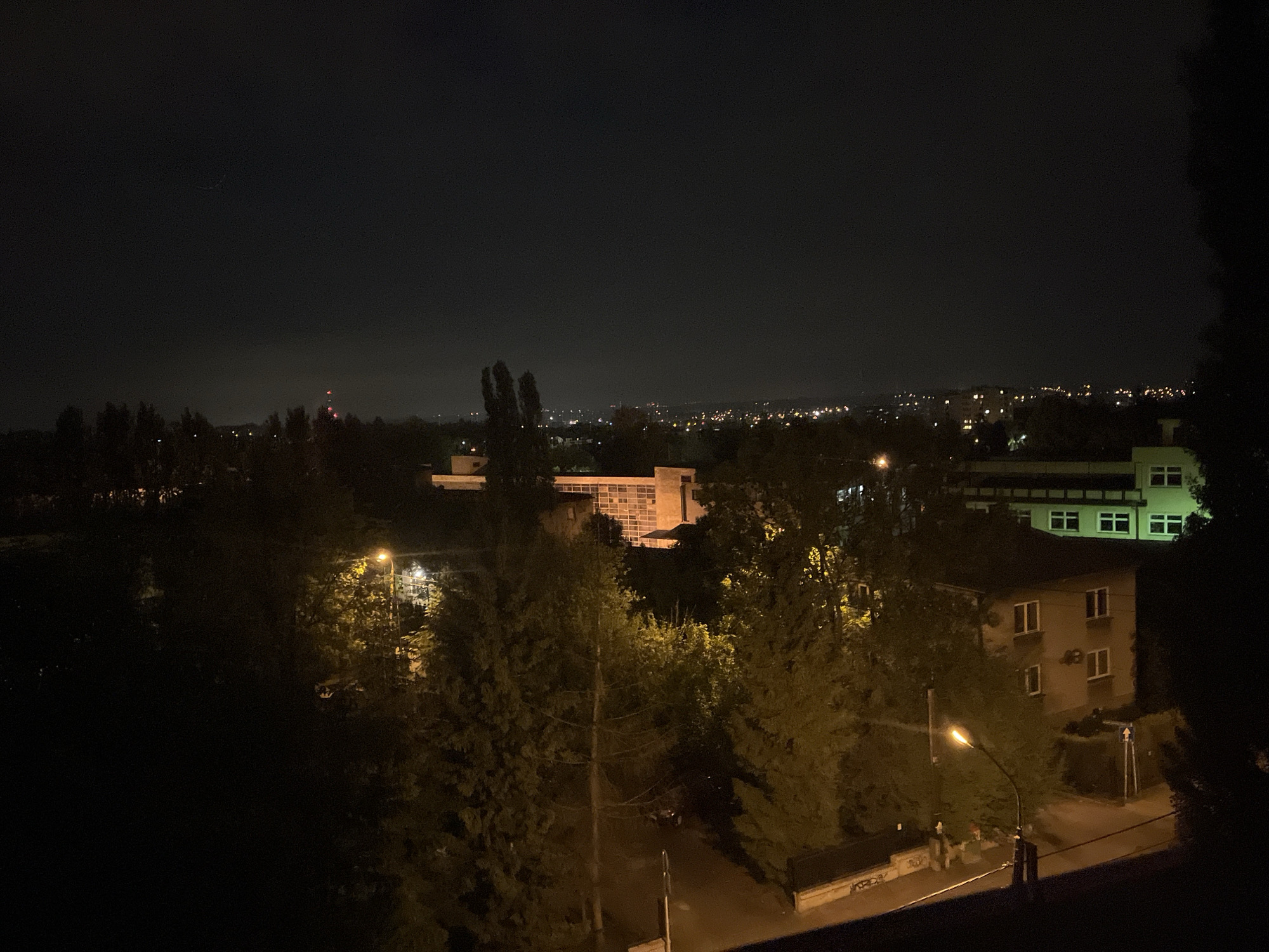An eye-level, long shot presents an urban scene at night in Unknown, Unknown. The sky is predominantly dark, with a faint scattering of lights indicating the city's presence in the distance. Closer to the foreground, a collection of buildings and trees dominate the view. Several buildings are visible, illuminated by artificial lights, and interspersed among the trees. A street is seen in the lower right, lit by streetlights. Several trees of different shapes and sizes fill the scene. The overall composition is dark, with only the artificial lights breaking up the darkness.