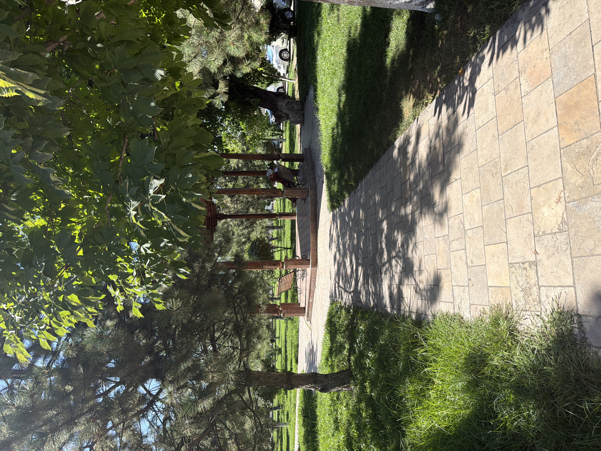 The image depicts a park setting with a paved walkway leading towards a shaded gazebo. The gazebo, constructed with wooden beams and a decorative roof, houses a single wooden bench. A person is seated on the bench within the gazebo. The park is characterized by lush green grass, mature trees, and dappled sunlight filtering through the leaves, casting shadows on the walkway. In the background, several cars are parked near the edge of the park. The scene appears to be in the city of Zangiata, Uzbekistan.