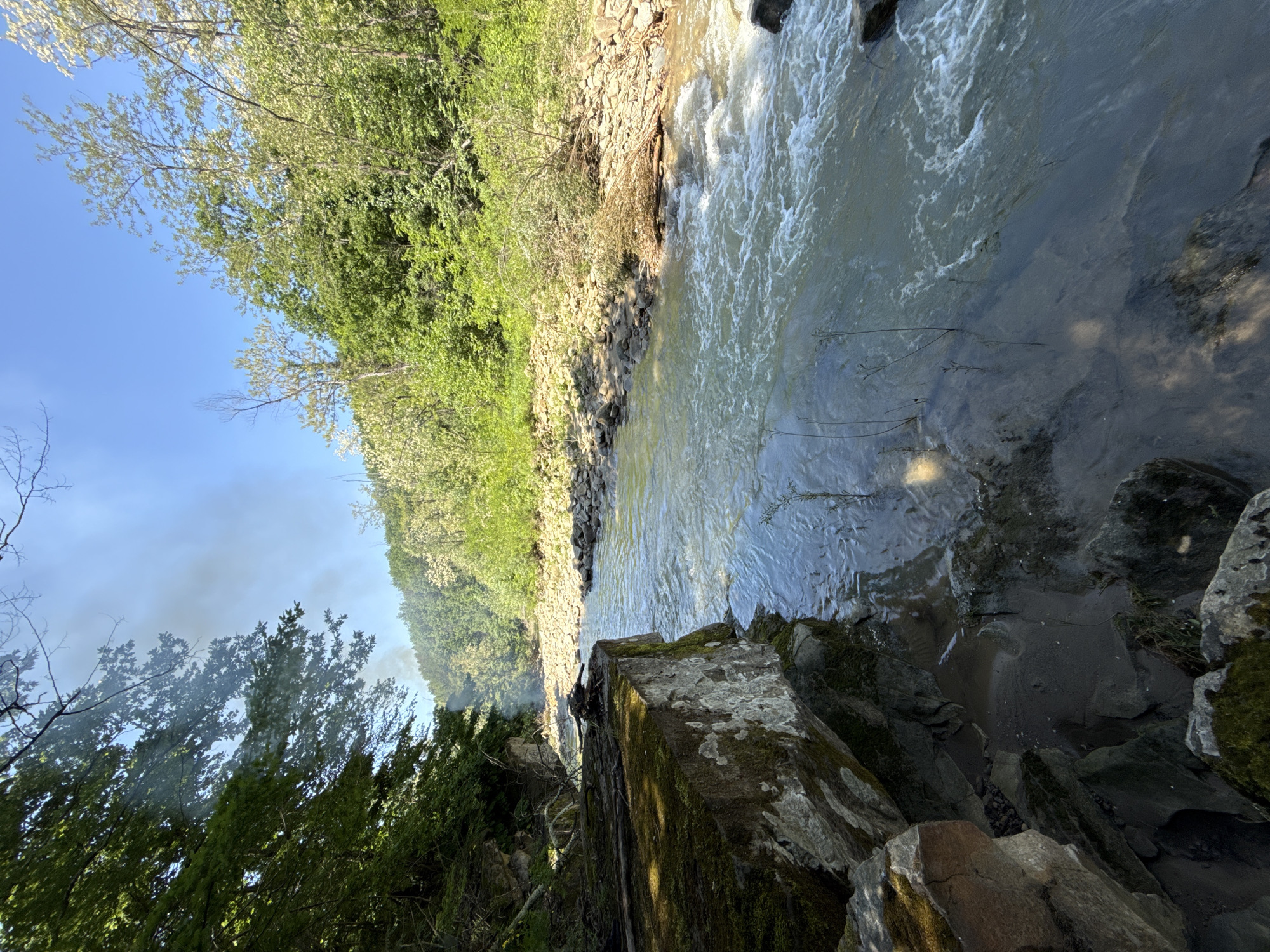The image depicts a scene at Stara Rechka, Bulgaria, featuring a river flowing through a rocky and wooded landscape. The river's water is somewhat turbid, reflecting the sky and surrounding vegetation. The banks are a mix of rocky terrain and lush green foliage, with trees lining the river's edge. A large, moss-covered rock formation is visible in the foreground. Smoke is visible in the background, possibly from a controlled burn or wildfire. The sky is blue with light cloud cover.