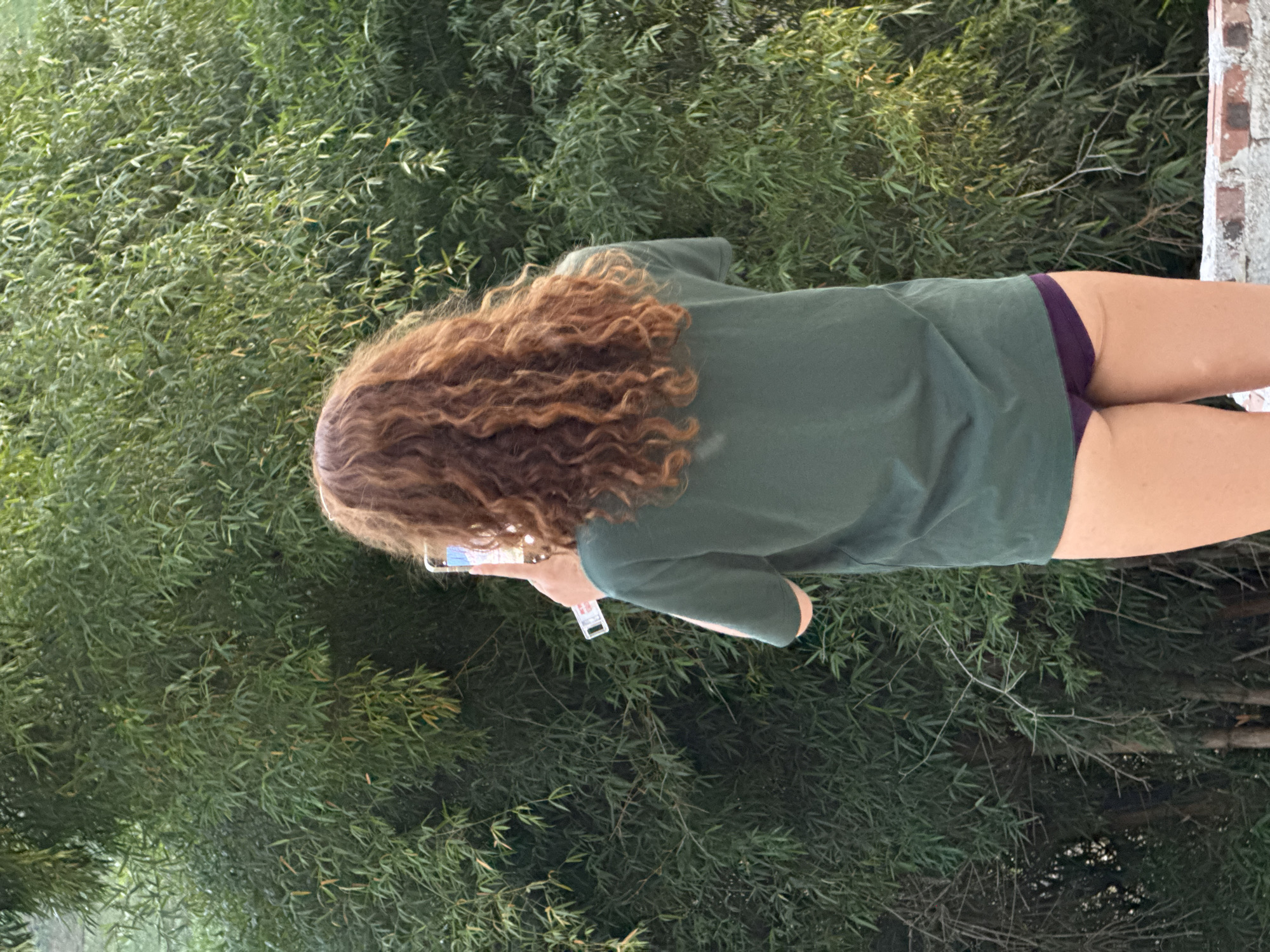 An individual with long, curly, reddish-brown hair is viewed from behind, standing amidst a dense backdrop of lush green foliage. The person is wearing a dark green t-shirt and dark purple shorts, and is holding a white smartphone horizontally with both hands, seemingly capturing a photograph or video of the surroundings. The verdant background is filled with narrow-leafed plants, possibly bamboo, indicating a vibrant, natural environment. To the far right, a partial brick wall is visible. The scene is brightly illuminated by natural daylight, suggesting it is daytime with clear weather. The image provides a glimpse of a picturesque landscape, consistent with locations like Mù Cang Chải, Vietnam. Faint white text or symbols can be seen on the back of the phone case.