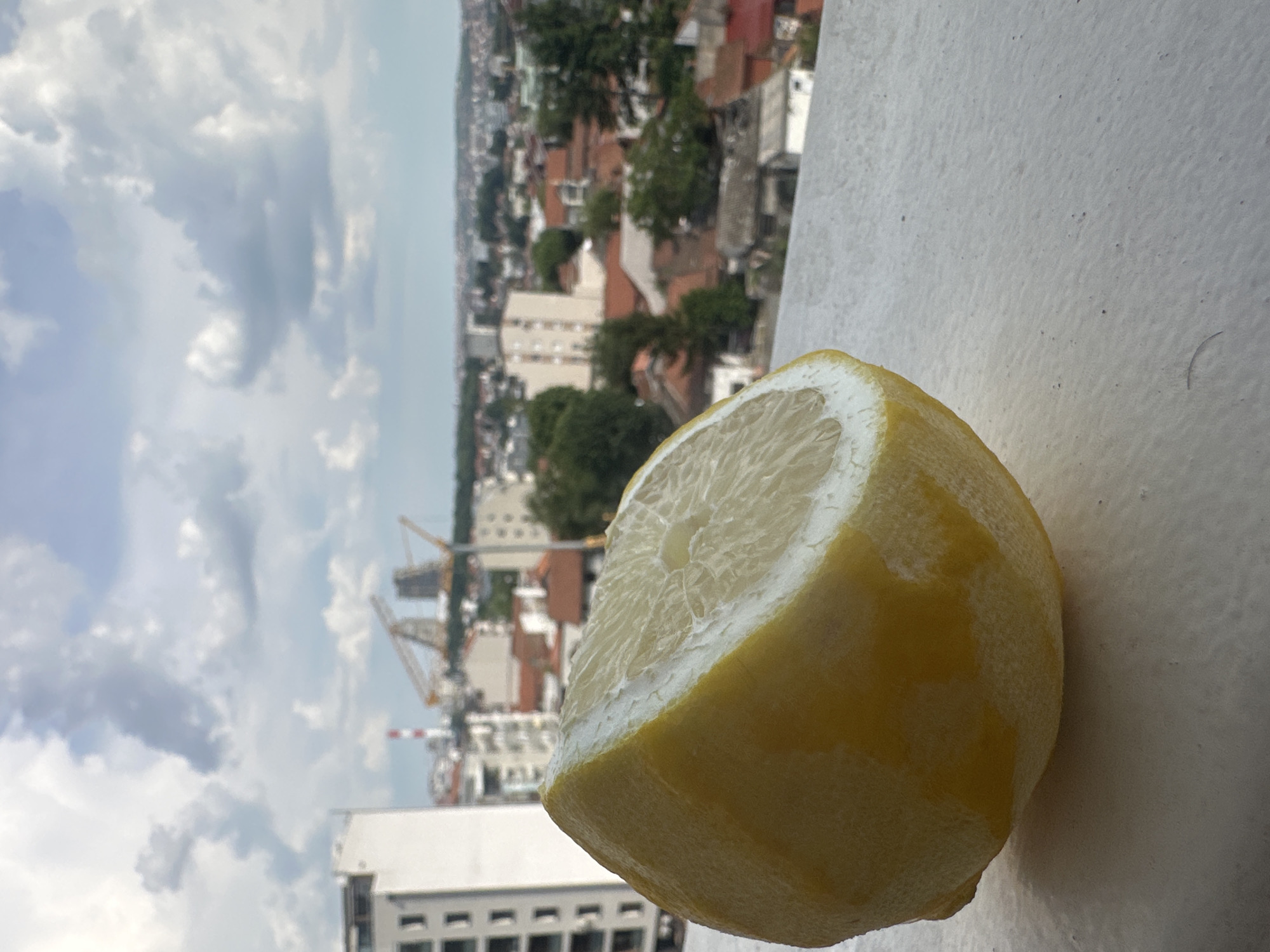 This image shows a close-up of a cut lemon in the foreground, placed on a light-colored, textured surface. Behind the lemon, a blurred cityscape is visible, suggesting an urban environment. The city appears to be dense with buildings of various heights and architectural styles, some with red roofs. Trees are interspersed among the buildings. Cranes are prominent in the middle ground, indicating ongoing construction. The background is dominated by a cloudy sky, with patches of blue sky visible. The clouds are grey and white, suggesting a partly cloudy day. The lighting indicates it is daytime, possibly late morning or afternoon. The overall impression is a still life with an urban backdrop.
The image is rotated 90 degrees counter-clockwise. No people are visible in the image. The scene is static, with no apparent activity taking place beyond the presence of the lemon and the distant cityscape. The location is identified as Belgrade, Serbia.