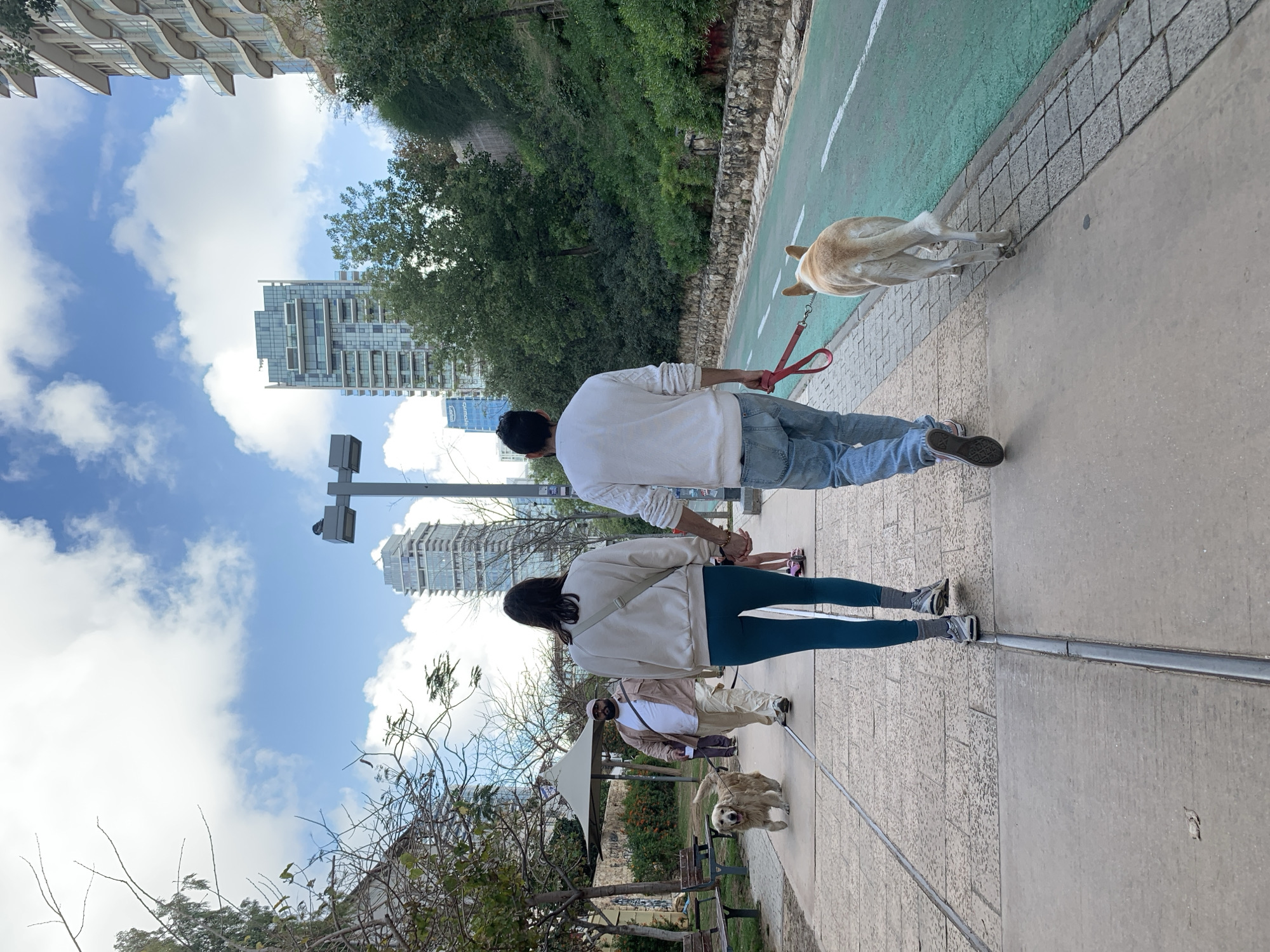 In Tel-Aviv, Israel, the image shows two people walking dogs on a concrete sidewalk next to a green-painted lane. The first person, a man, wears a white shirt and jeans, holding a red leash connected to a light-colored dog. A woman in a light-colored jacket and dark blue pants walks alongside the man. Further along the sidewalk, a second person walks a golden retriever. Buildings are visible in the background, along with trees and a cloudy sky.