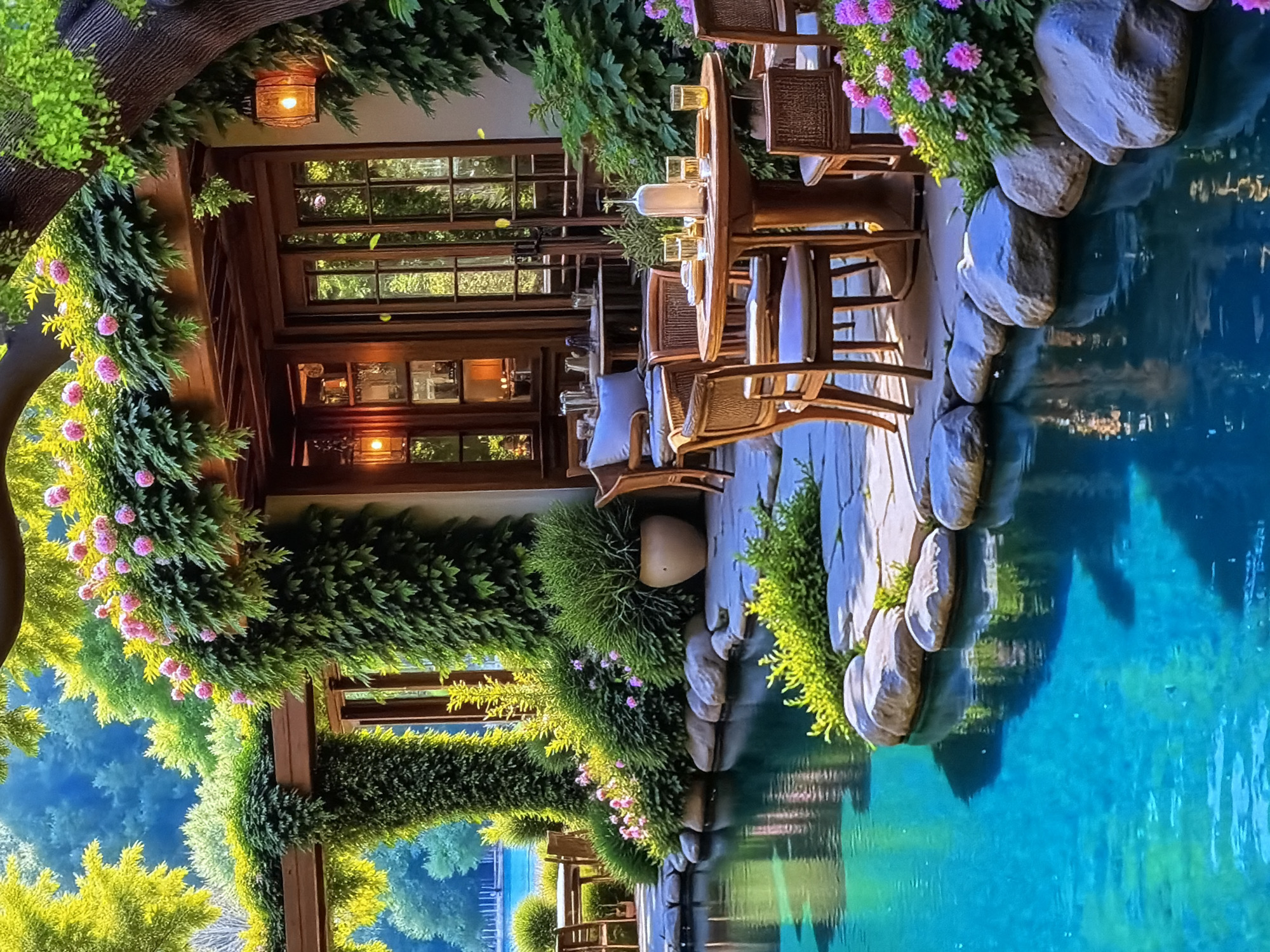 This image captures a serene and inviting outdoor dining setting, likely at a restaurant or resort in Sofiivska Borshchahivka, Ukraine. The scene is dominated by a lush green environment, an elegant building, and a calm body of turquoise-blue water, possibly a pool or a meticulously maintained pond.
Multiple wooden dining tables with woven chairs are arranged on a paved patio directly beside the water. Some tables are set with glasses and a white pitcher, suggesting readiness for patrons. Light-colored cushions are visible on several chairs, adding to the comfort.
The area is richly landscaped with abundant greenery. Vines cascade down the facade of a building featuring dark wooden window frames that reflect the surrounding foliage. Bushes and flowering plants, bearing clusters of pink and purple blooms, are strategically placed along the building and the water's edge. Large, smooth, light-colored rocks line the transition from the patio to the water, creating a natural boundary. A large terracotta pot is nestled among the plants. Overhead, the thick branch of a tree extends across the frame, adorned with more greenery, and an illuminated lantern hangs, casting a warm glow.
The tranquil water acts as a mirror, reflecting the sky, surrounding trees, and parts of the building, enhancing the peaceful atmosphere. The soft, warm lighting suggests either a pleasant late afternoon or early evening. The entire setting evokes a sense of calm, natural beauty, and refined outdoor living. There are no people visible in the image, and no text is discernible.