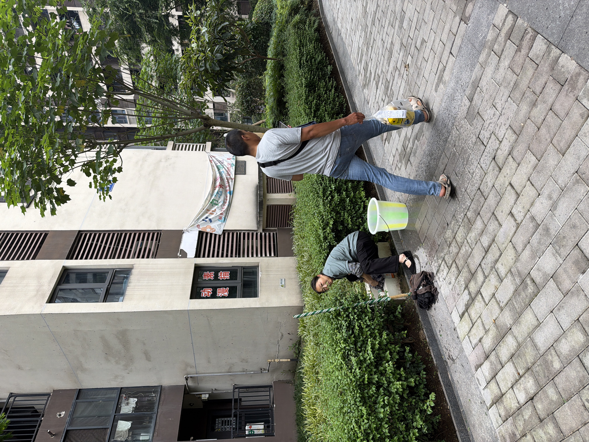 In the Chongqing High-tech Zone, China, a woman in a green shirt and black pants is squatting beside a dense green hedge, cleaning the pavement with a mop. A green and white striped mop head lies on the wet ground next to her, and a yellow and green bucket is nearby. A man in a grey t-shirt and blue jeans walks away from the viewer, carrying a plastic bag of groceries. He glances at his phone as he walks along the paved pathway. Behind them, a building with beige and brown sections and rows of windows and louvers stands under a green tree. A banner with Chinese characters hangs from the building. The scene is set in a residential area with lush landscaping and a clean, paved walkway.
