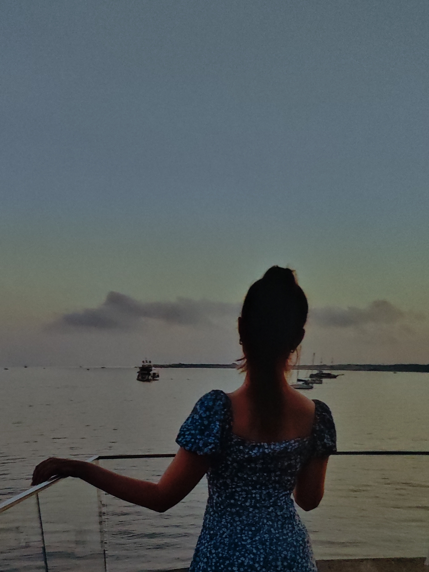 A woman with her hair in a bun stands on a balcony, looking out at a body of water during dusk. She is wearing a blue and white floral print dress. The water is calm and reflects the dusky sky. Several boats are visible on the water, with some in the distance and one closer to the foreground. A railing runs along the edge of the balcony. The sky is a gradient of pale blue and yellow, with some clouds. The overall atmosphere is serene.