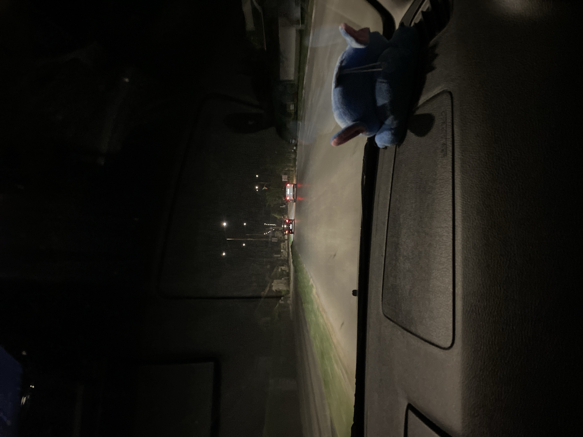 The image depicts a nighttime view from inside a car, looking out through the windshield. The road ahead is wet, reflecting the streetlights that line the route. Several cars are visible on the road, with their headlights and taillights illuminated. A plush toy, resembling Stitch from Disney's Lilo & Stitch, is positioned on the dashboard in the foreground. The surrounding environment appears to be an urban or suburban area, characterized by streetlights and buildings visible along the roadside. The image does not provide any specific visual cues that would allow for precise identification of the location as Yasen, Bulgaria.