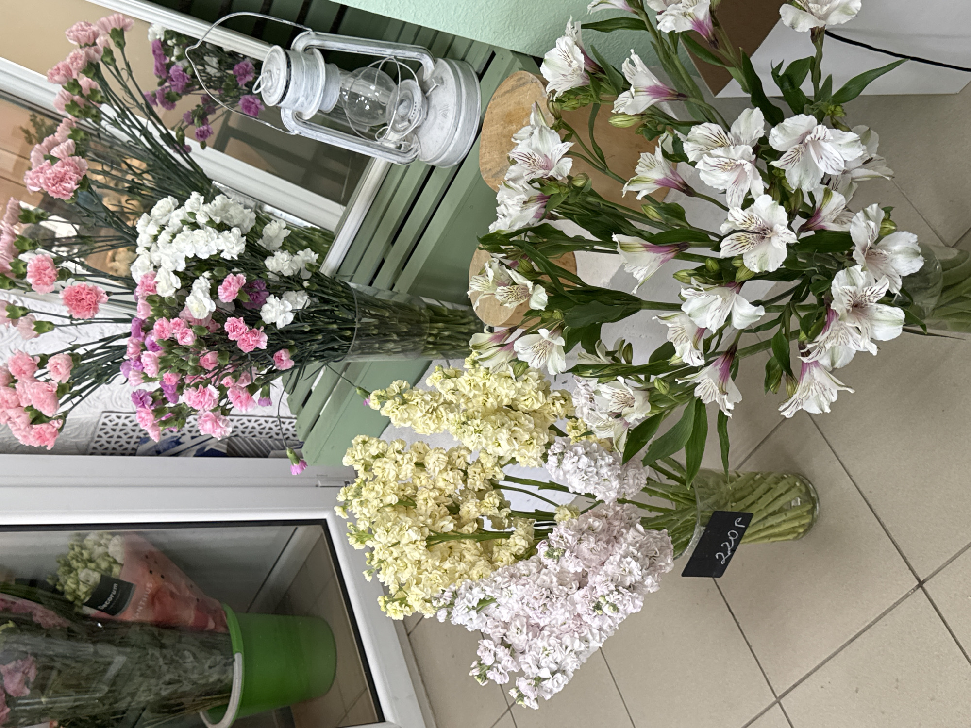 This image captures an indoor scene, likely within a flower shop or market stall in Izhevsk, Russia, showcasing a vibrant display of fresh cut flowers. The overall setting appears well-lit and organized for retail.
Prominently featured are multiple bouquets in clear glass vases. On the left side of the frame, large bunches of carnations (Dianthus) in various shades of pink, white, and purple are arranged. Behind these carnations, a decorative white, distressed-look lantern is placed on a light green wooden structure, with a white window frame visible in the background.
To the upper right, a generous bouquet of white alstroemeria (Peruvian lilies) with delicate purple streaks is displayed in another clear vase. Below this, towards the bottom center, are two more large clusters of flowers: one in a soft pale yellow and another in a light pink/lavender hue, identified as stocks (Matthiola), also presented in clear vases. A black price tag, written in white chalk, reads "220 ₽" (220 Russian Rubles) and is positioned next to the alstroemeria vase.
In the lower left corner, part of a clear display case or refrigerator is visible, containing a bright green bucket filled with wrapped flowers. Text "Decorum" and a partial "ANTHUS" can be discerned on the plastic packaging of a flower bunch within this bucket. The floor throughout the scene is composed of light-colored square tiles. The arrangement of flowers suggests they are prepared for sale, with no people visible in the frame.