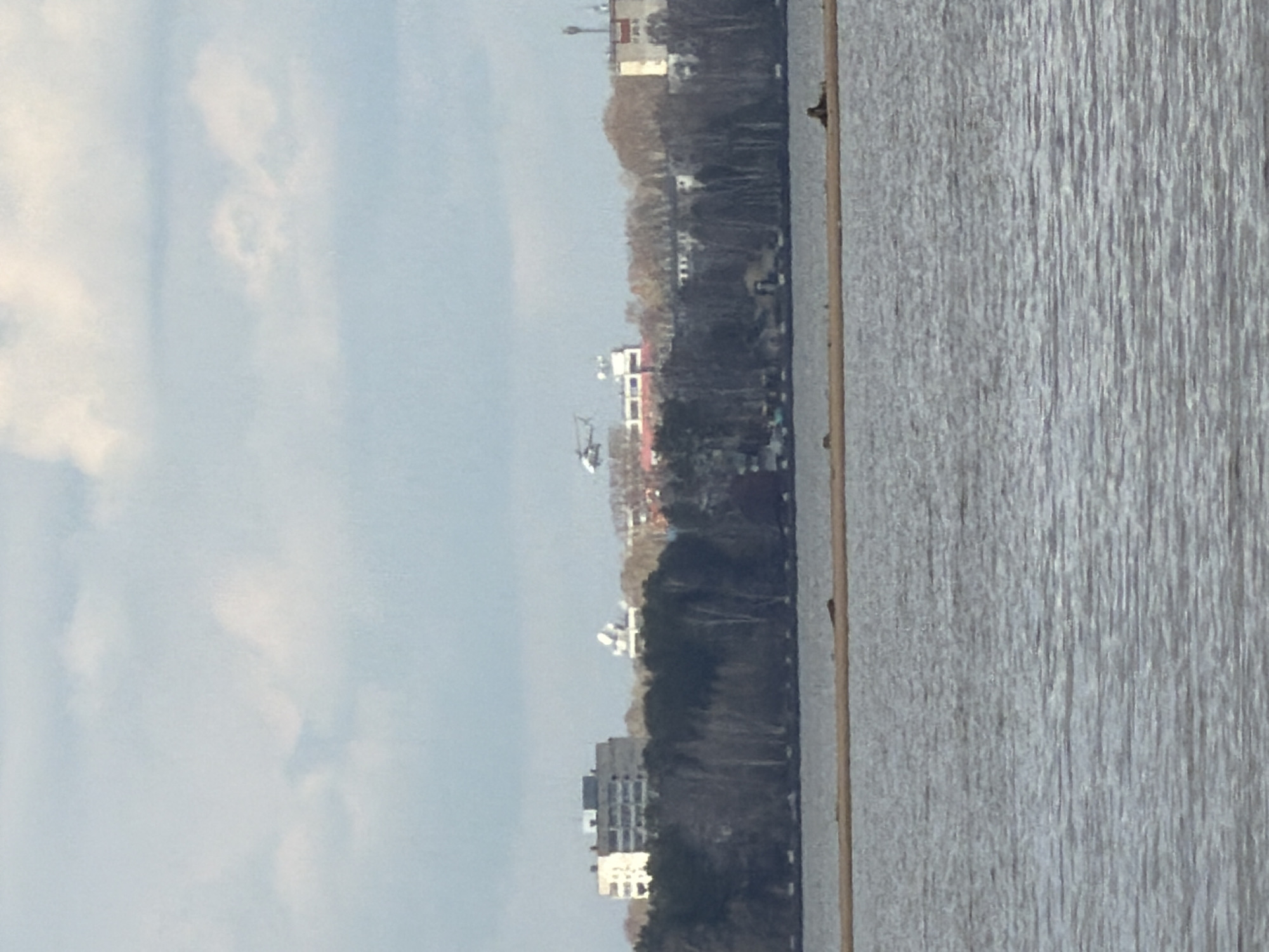 The image presents a panoramic view across a wide body of water, likely a river or lake, towards a distant cityscape under a bright, partly cloudy sky. The water, occupying the foreground and right side of the frame, displays subtle ripples across its surface, suggesting calm conditions. A small, dark object, possibly a buoy or a boat, can be seen floating near the right edge.
On the opposite bank, a strip of land is densely covered with trees, most of which appear bare, indicating either late autumn, winter, or early spring. Beyond the tree line, various buildings of a town or city are visible. These include several multi-story structures with light-colored facades, some with flat roofs and others with more complex designs. One building prominently features a red roof, while another distant structure displays distinctive white, rounded or dome-like elements on its top. In the mid-ground, a helicopter is captured in flight above the distant land.
The sky, occupying the upper left portion of the image, is a soft blue with scattered, light white clouds. The lighting suggests it is daytime, possibly late morning or early afternoon, with an even spread of natural light. No specific human figures or visible text are discernible in the image. The overall scene conveys a tranquil, expansive view of a distant urban landscape from across the water in Chaykovsky, Russia.