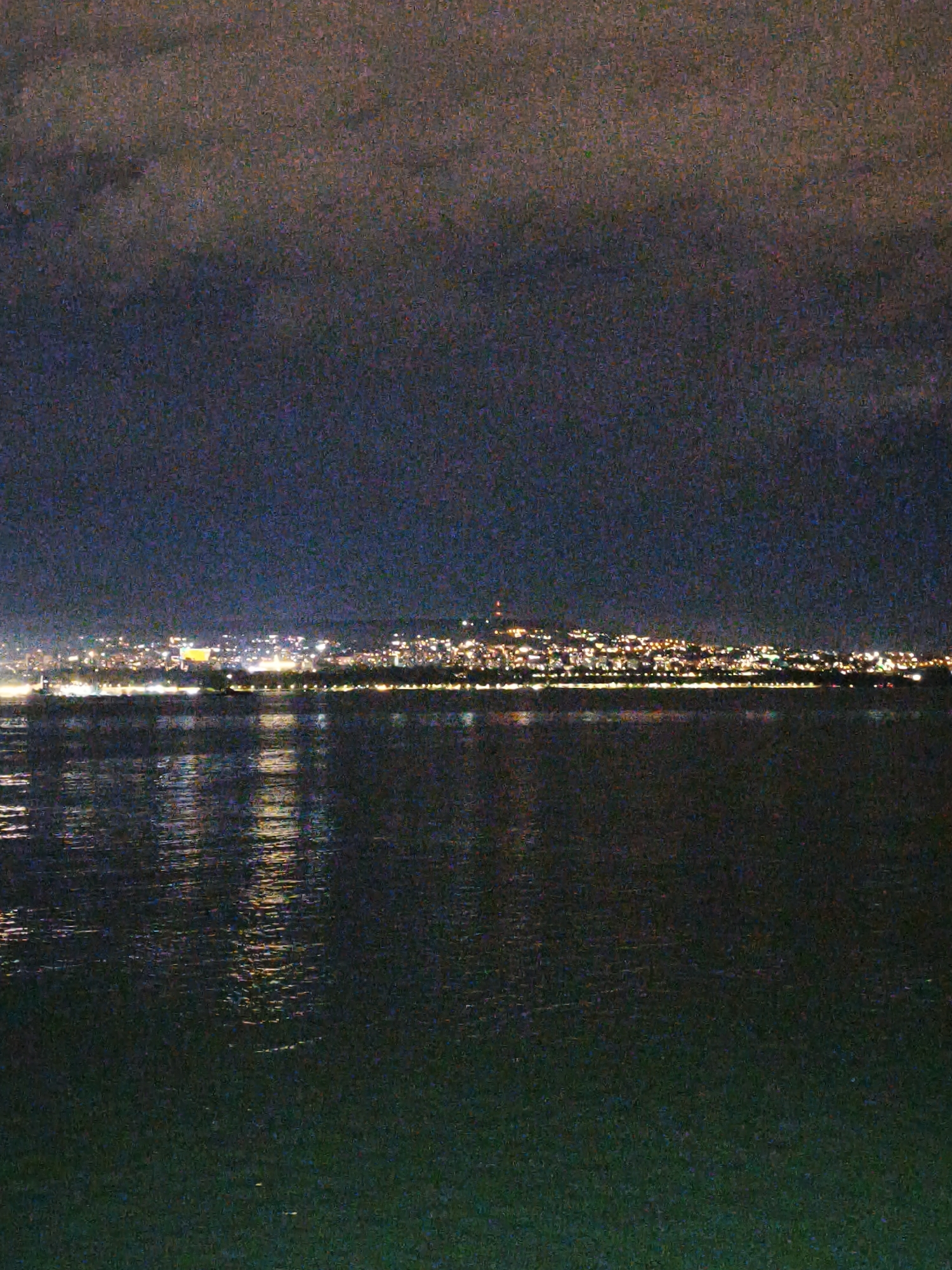 The image depicts a nighttime cityscape reflected in water. The city is across the water, with lights forming a horizontal line along the horizon. The water surface has light reflections. The sky is dark, possibly suggesting a cloudy night. The city location is unknown.