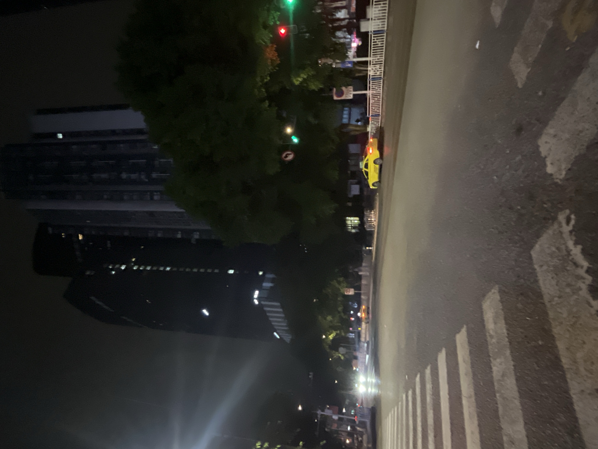 The image captures a nighttime street scene in Jiulongpo District, China. In the foreground, a crosswalk is visible on the wet asphalt road. To the right of the crosswalk, a yellow taxi is parked. In the background, several modern buildings rise into the night sky, with some lights illuminated within them. Lush green trees partially obscure the lower portions of the buildings. Traffic lights are visible, with a red light illuminated on the right and a green light on the left. The overall impression is one of an urban environment at night, with typical city elements present.
