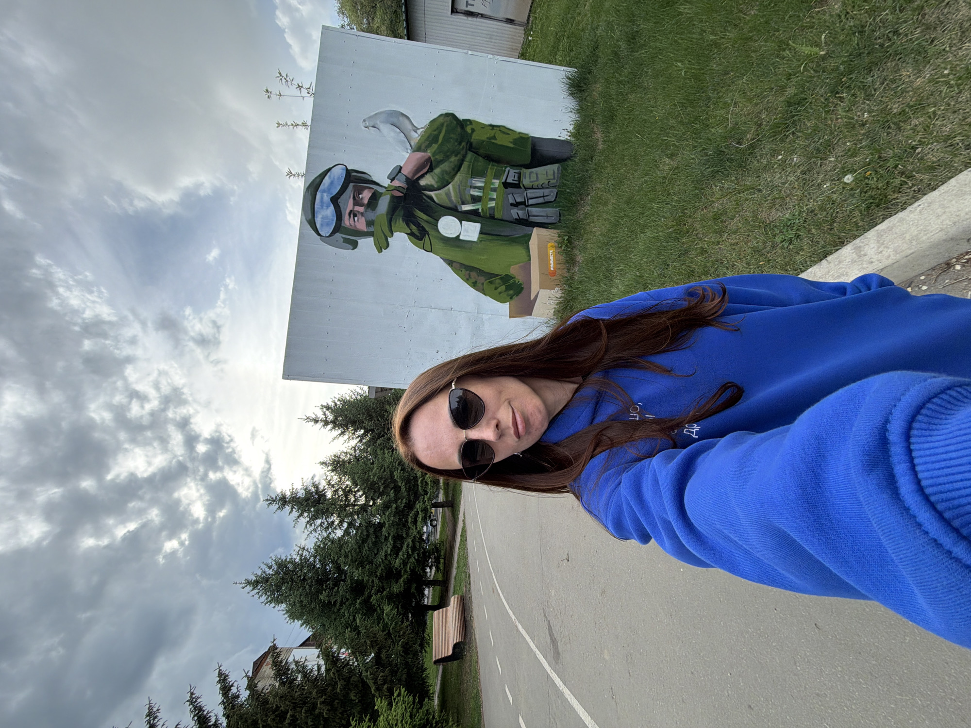 An overhead-style selfie shows a woman with long brown hair, wearing a blue hooded sweatshirt and sunglasses, looking directly at the camera. The image is taken outdoors on a cloudy day, with a grey sky dominating the upper part of the frame.
Behind the woman, to her right, is a large white panel featuring a mural. The mural depicts a soldier in a green military uniform, wearing a helmet with goggles. A white bird, possibly a dove, is perched on the soldier's left shoulder. The soldier is holding a small cardboard box in his hands. On the side of the box, Cyrillic text is visible, including "Zа ВМЕСТЕ!", a patriotic slogan used in Russia. The mural is positioned next to a grassy area.
In the background, there are several tall evergreen trees (conifers) and a paved path with a white dividing line, possibly a bicycle lane or walkway. A wooden park bench is visible beside the path. The overall setting appears to be a park or a public outdoor area in Birobidzhan, Russia. The woman's sweatshirt also has partially visible Cyrillic text, "ЦО" and "ДО".