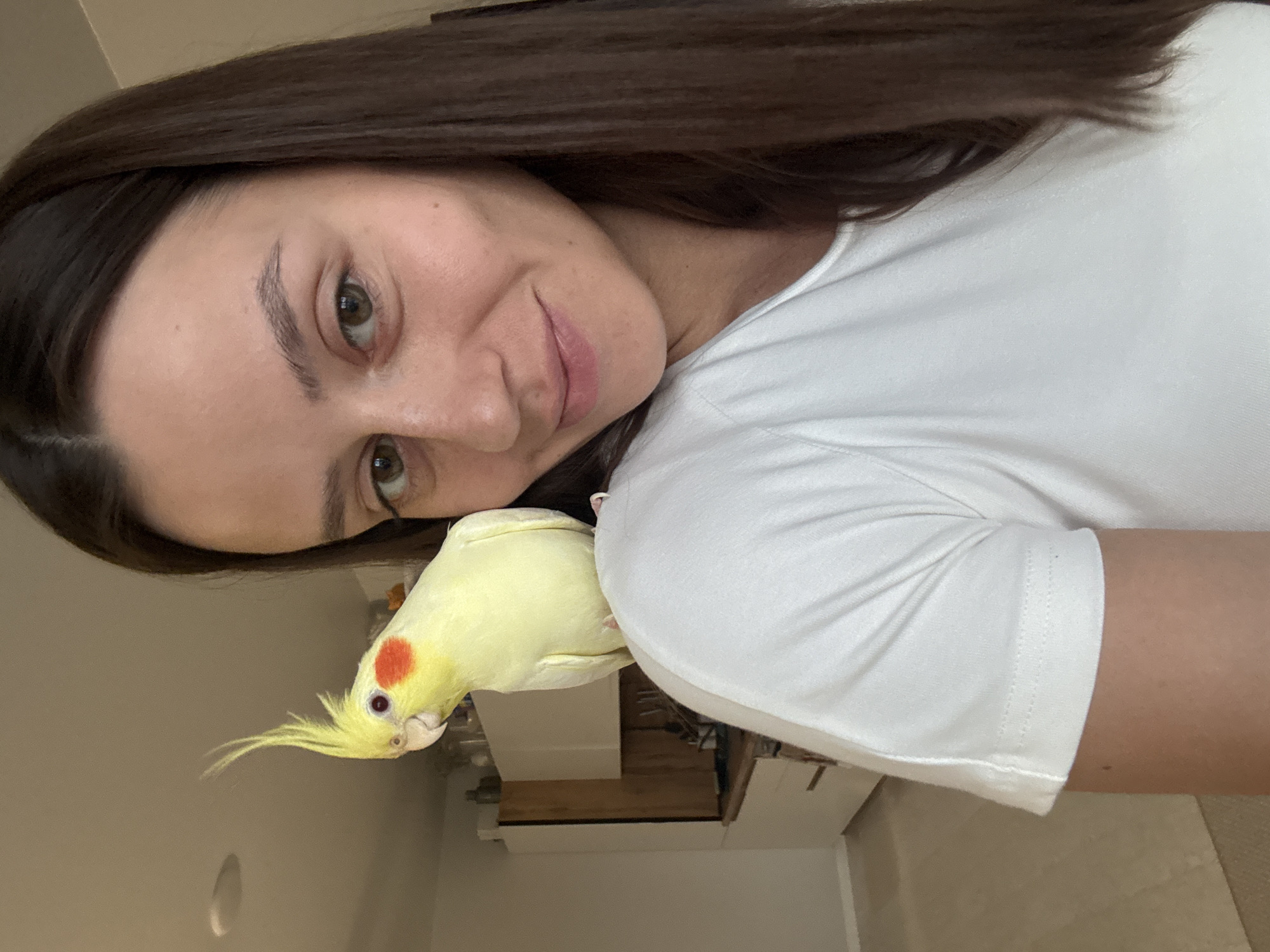 A young woman with long, dark brown hair is taking a selfie with a light yellow cockatiel perched on her shoulder. The woman is wearing a white t-shirt and is smiling. The bird has a distinctive yellow crest with red cheek patches. The background appears to be an indoor kitchen setting with white cabinets and wooden accents. There is no identifiable location or indication of Krasnoyarsk, Russia.