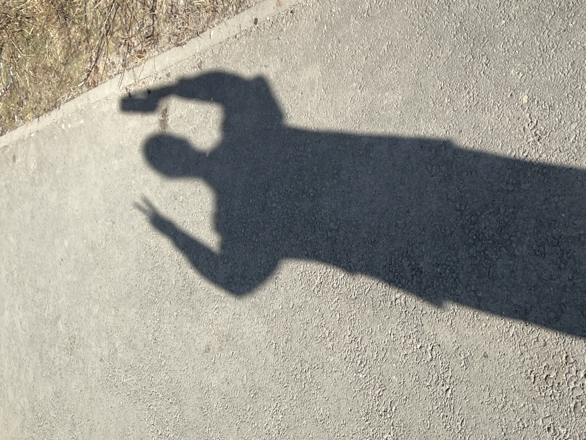 The image depicts the shadow of a person on a paved surface. The person is holding a rectangular object, possibly a phone, in one hand, and making a peace sign with the other. The shadow is elongated, indicating a low sun angle. The paved surface is bordered by a curb and some dry grass. The image's description is limited due to the absence of distinct features for identifying a specific location within Tyumen, Russia.