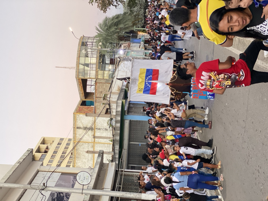 A street packed with a crowd of people holds up a large Venezuelan flag. Buildings line the street, including a multi-story structure with a glass facade. A palm tree is visible behind the crowd. A streetlight illuminates the area. Several individuals are holding children. The sky is a pale, muted color.