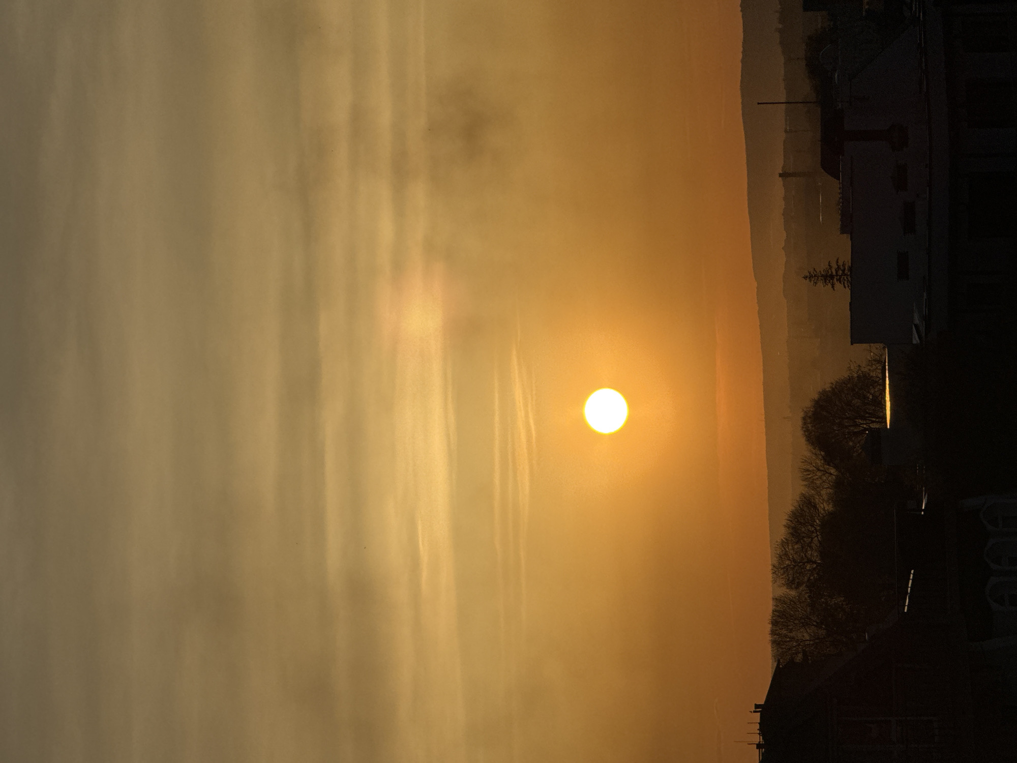 The image shows a sunrise or sunset in Varna, Bulgaria, with a bright sun centered in the sky. The sky is filled with a warm, orange and yellow light. There are some faint clouds or haze in the sky. On the right side of the image, silhouettes of trees and buildings can be seen against the sky. In the background, there are hills or mountains in the distance. The image is taken from an elevated position.