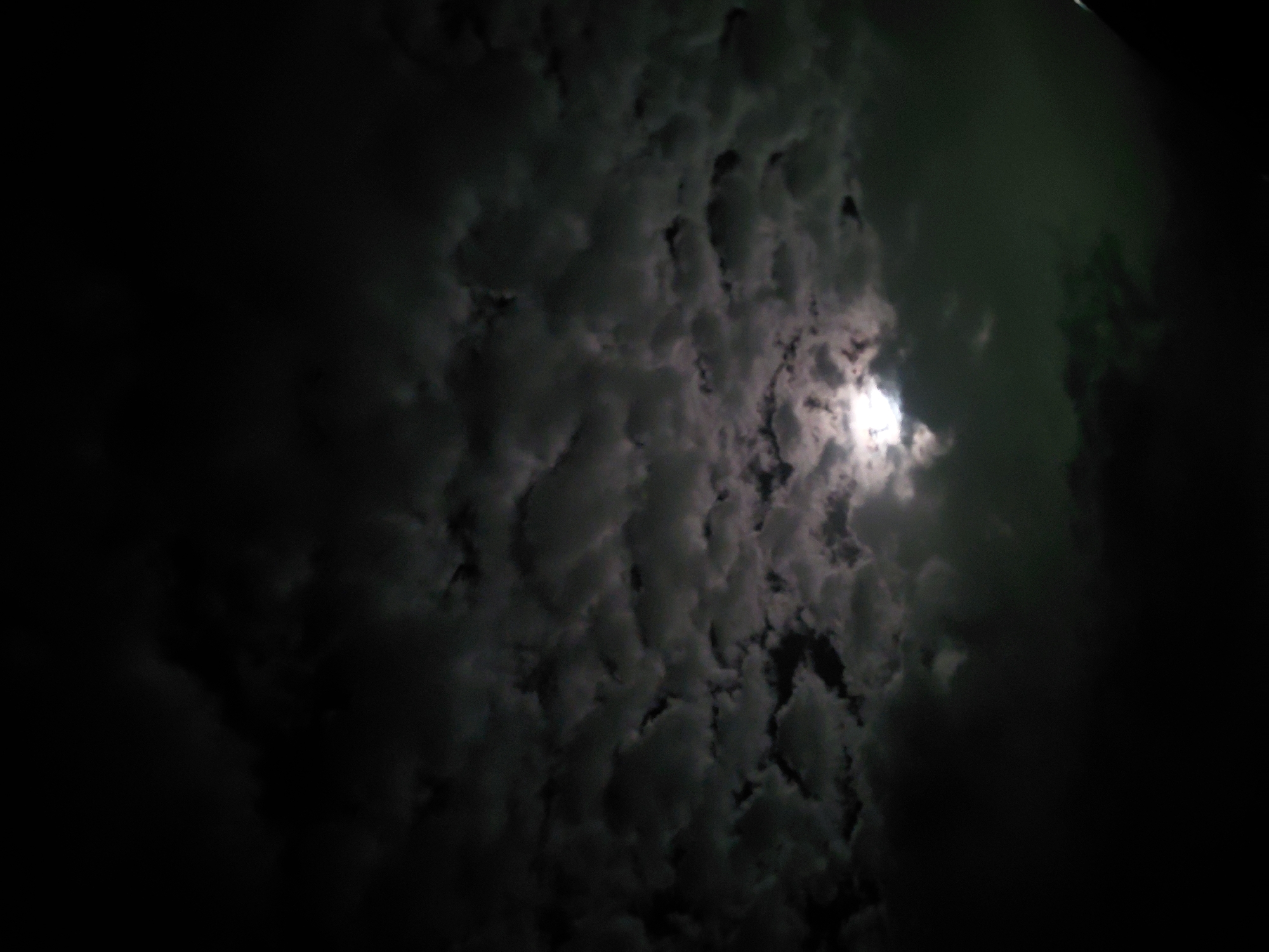 The media file presents a dramatic night sky, heavily obscured by thick, textured clouds. The scene is dominated by dark grays and blacks, indicating deep night. A bright, diffused light source, likely the moon, pierces through a significant break in the clouds towards the middle-right of the original image, casting a glow on the edges of the surrounding cloud formations. This illumination highlights the varied contours and density of the clouds, creating a sense of depth and movement.
The clouds themselves appear dense and layered, with some areas showing subtle greenish-gray hues, possibly from atmospheric effects or ambient light. The overall mood is one of somber mystery or quiet grandeur. There are no discernible people, animals, or man-made objects visible within the frame, focusing solely on the natural elements of the night sky. No specific activity or event is taking place beyond the natural state of the cloudy night. The time of day is unequivocally night, characterized by the profound darkness and the single visible light source. No location-specific cues are present in the image itself, though the context provided is Santa Ana, Venezuela. There is no visible text in the image.