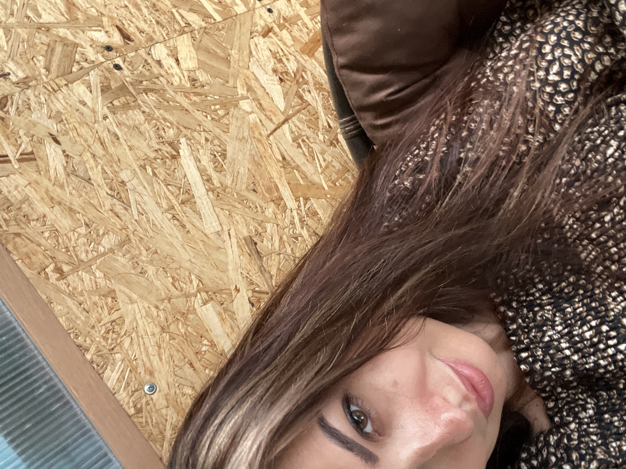 A woman is seen from the chest up, angled towards the camera. She has long, dark brown hair with lighter brown highlights. Her left eye is visible, a warm brown color, and her eyebrows are dark and well-defined. She is wearing a dark top with a textured, possibly woven, pattern in black and gold. Her skin appears fair with some light freckles. The background consists of a wood-paneled wall, composed of large, compressed wood chips, and a section of ribbed, translucent material at the top. There are visible screws attaching the wood panels. The lighting appears to be natural, casting soft shadows. The scene is indoors, with a rustic or unfinished aesthetic suggested by the wood paneling.