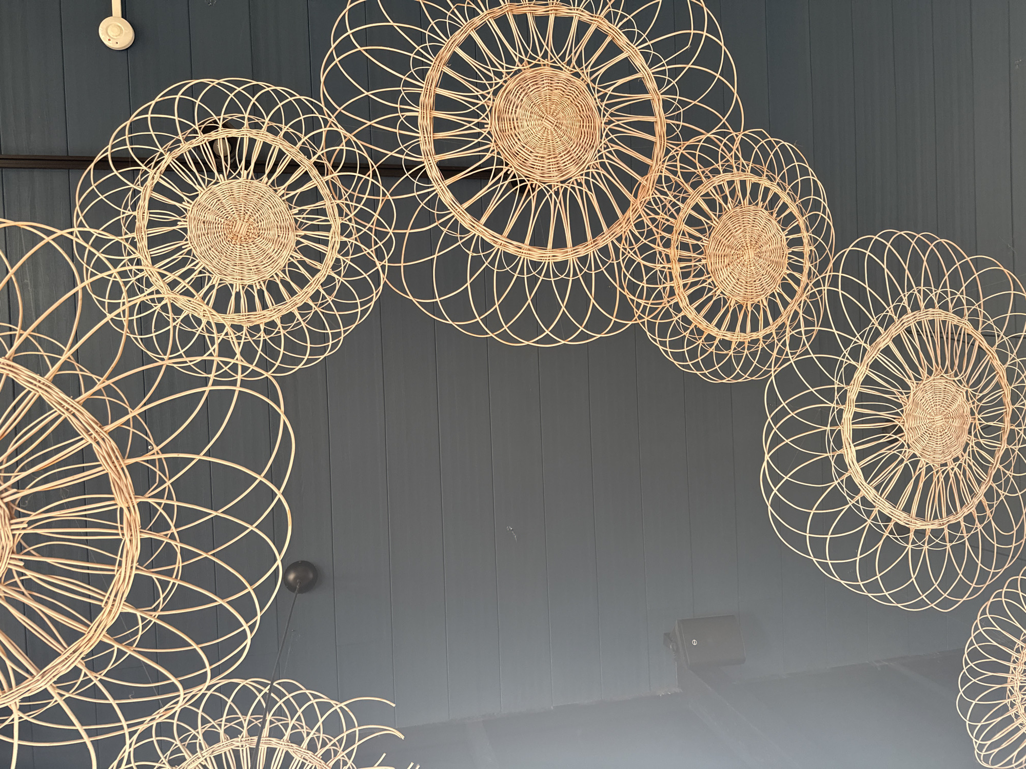 The image shows a close-up, low-angle view of several woven rattan light fixtures suspended from a dark wooden ceiling. The light fixtures are circular with intricate, openwork designs resembling flowers or mandalas. They are made of a light-colored, natural material. The ceiling is constructed of horizontal wooden planks, painted a dark, muted blue-gray. In the upper right quadrant, a white electrical fixture, possibly a smoke detector or sensor, is visible. In the upper left quadrant, a dark, spherical object, likely a light fixture or part of one, is also visible. A rectangular speaker is mounted on the ceiling in the lower left quadrant. There are no people or animals present in the image. The image does not contain any specific visual cues to indicate its location in Izhevsk, Russia.