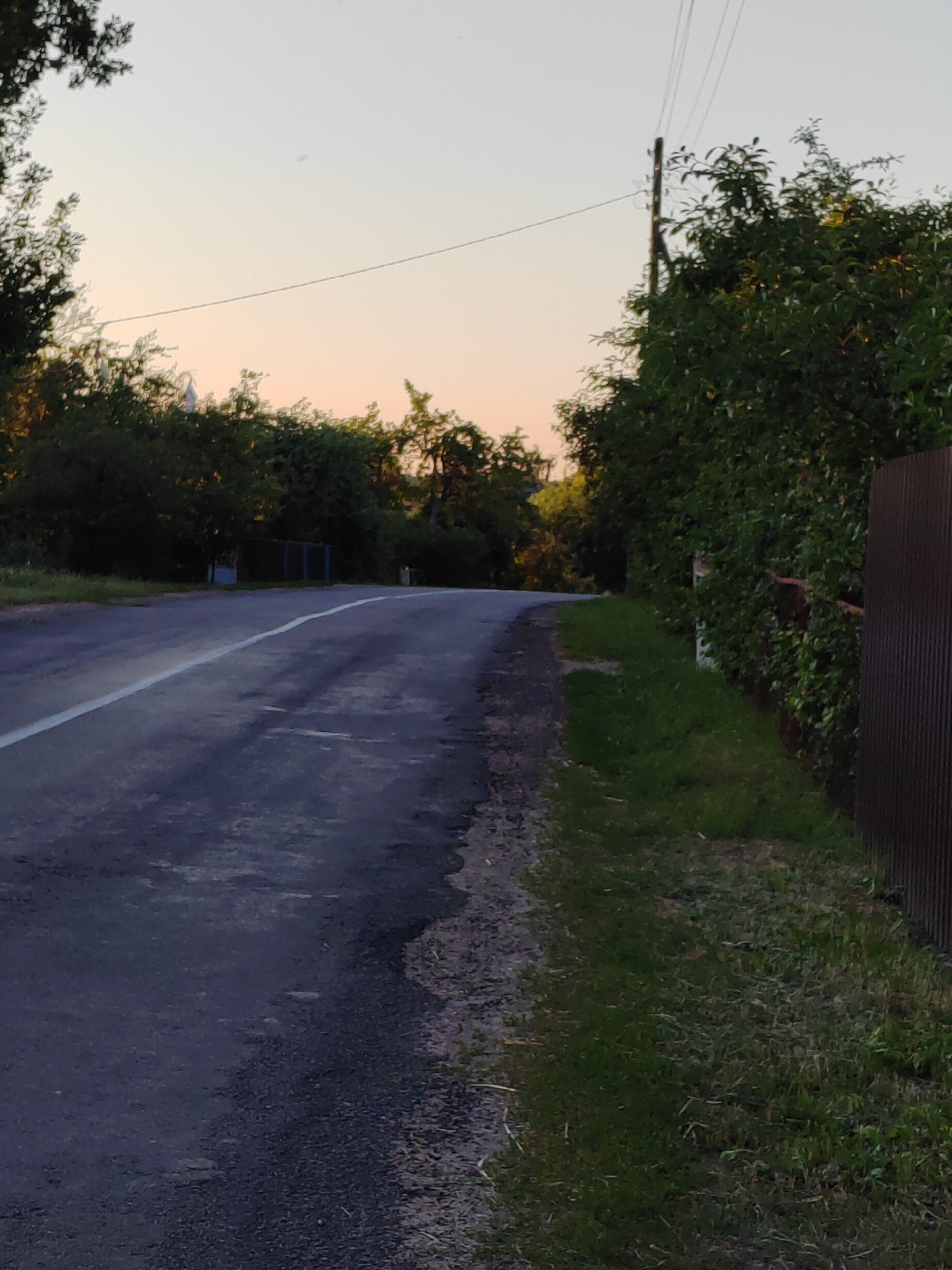The media file depicts a rural roadside scene in Belarus, likely during a late afternoon or early evening as suggested by the soft, warm light bathing the sky. The road itself, paved and marked with a white line, curves gently to the right, disappearing into a treeline. The asphalt shows signs of wear, with patches and unevenness along the edges. To the right of the road, a narrow strip of grass runs alongside, transitioning into a dense hedge of green foliage. A dark, corrugated metal fence runs along the very edge of the frame on the right, adding a rustic element to the setting.
The surrounding environment is lush and green, dominated by trees and bushes that line the road. The trees are full and verdant, indicating a summer or late spring season. In the distance, faint structures, possibly small buildings or fences, are visible peeking through the trees. Above, the sky is a soft gradient of pale yellow and light blue, with a thin power line stretching across the frame, supported by a wooden pole on the right side. The overall impression is one of peaceful rural tranquility, with no people or overt activity taking place. The natural setting and the muted lighting evoke a sense of calm and quiet. There is no visible text in the image.