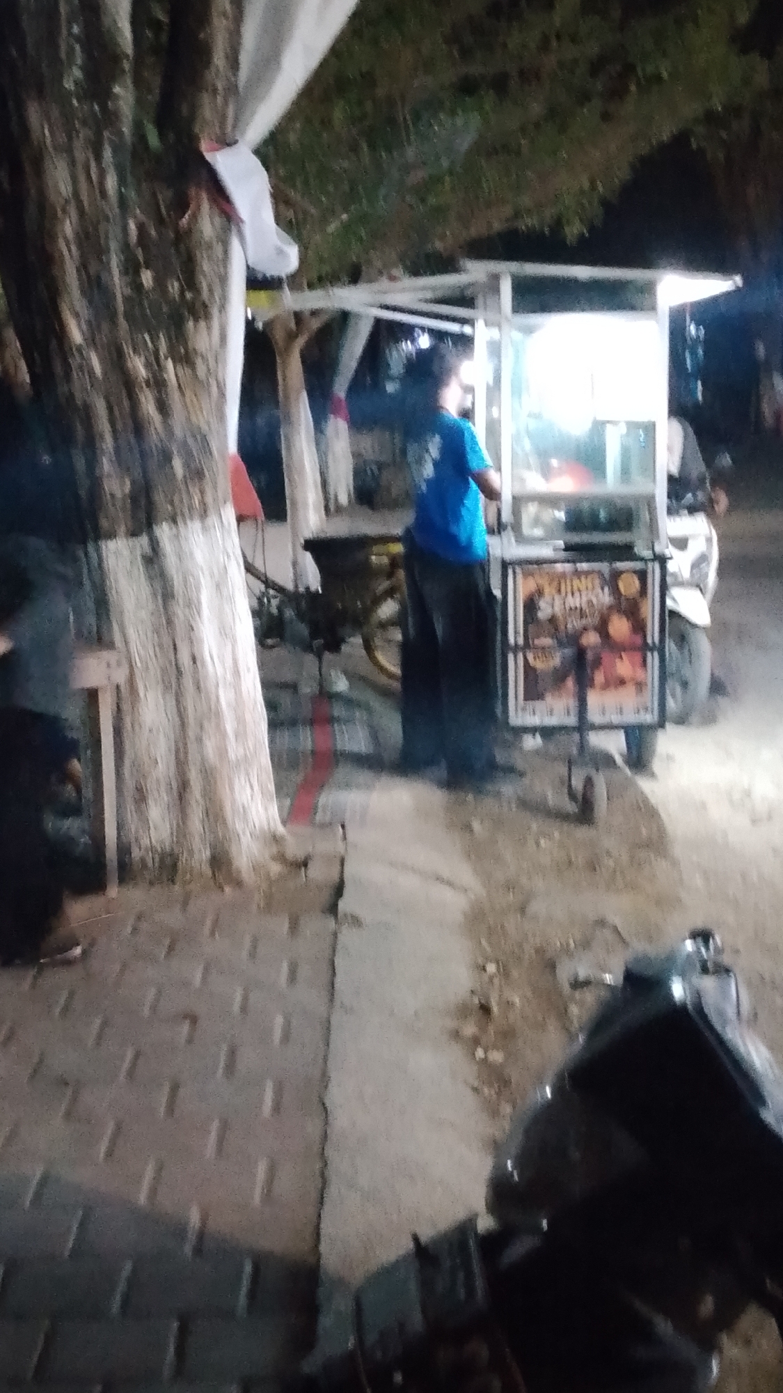 A blurry, nighttime photograph shows a street scene in Karanglangu, Indonesia, with a person standing near a food cart. The food cart is illuminated by a bright light and has a sign with Indonesian text and images of food. A motorcycle is parked to the right of the cart, and another person is partially visible on the left side of the frame. A large tree with white paint on its trunk stands prominently on the left, with white fabric draped on it. The ground is paved with interlocking concrete blocks on the left and appears to be a dirt and gravel surface on the right. The overall atmosphere is that of an outdoor market or food stall at night.