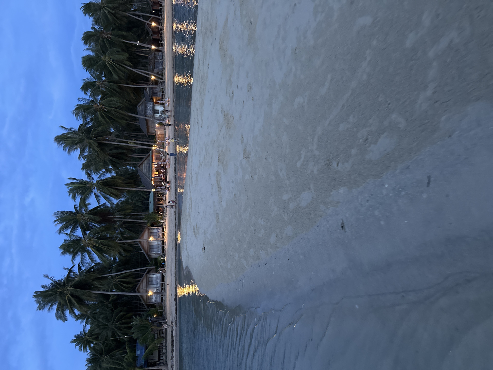 The image depicts a beach scene at dusk on Ko Pha-ngan, Thailand. The foreground is dominated by a wide expanse of damp sand, with gentle waves lapping at the shore. The water reflects the warm glow of artificial lights, creating streaks of yellow and orange on the dark blue surface.
In the midground, a line of palm trees stands tall, their fronds silhouetted against the twilight sky. Behind the trees, several small, rustic bungalows with thatched roofs are visible. The bungalows are illuminated, suggesting they are resorts or accommodations. People can be seen gathered near some of these structures, possibly dining or socializing. A few individuals are also walking along the beach.
The sky is a deep blue, indicating the transition from day to night. The overall atmosphere is serene and inviting, hinting at a relaxed vacation or resort setting. There are no visible signs or text in the image. The lighting suggests it is early evening.