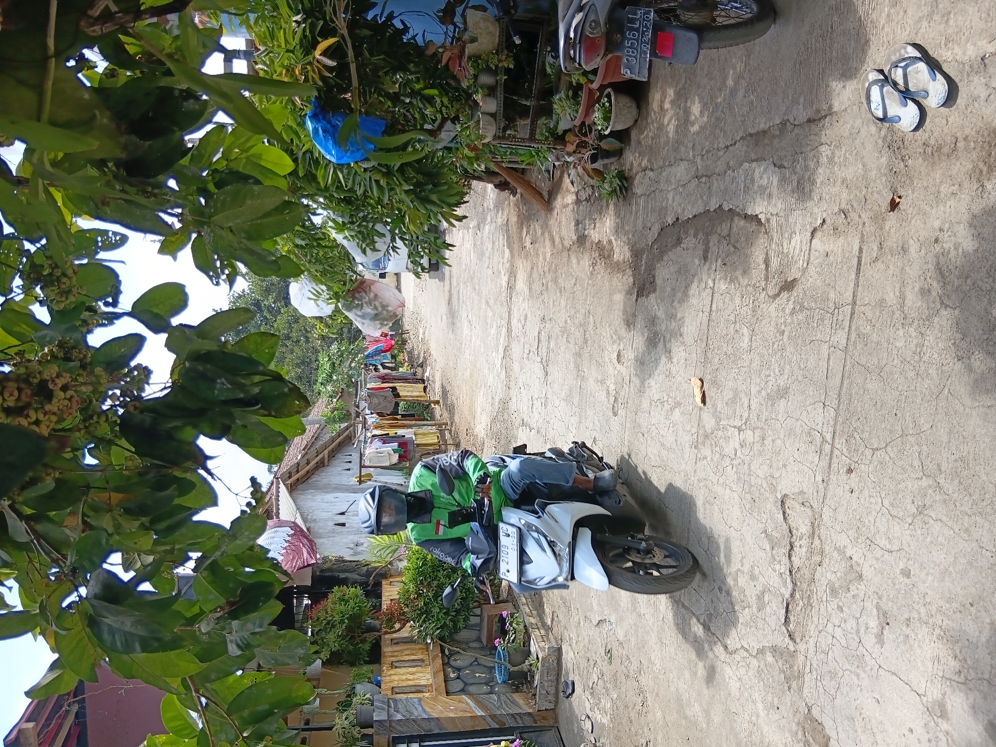 A person wearing a green jacket, dark pants, and a full-face helmet rides a white scooter on a narrow, paved street in Tanggul Wetan, Indonesia. The street is lined with houses and vegetation. Laundry is hanging on a line on the right side of the street, and potted plants are visible on shelves and the ground. The scooter has a license plate that reads "P 2109 UC". In the foreground, a pair of flip-flops lies on the ground. The scene is illuminated by bright sunlight, casting shadows on the pavement.