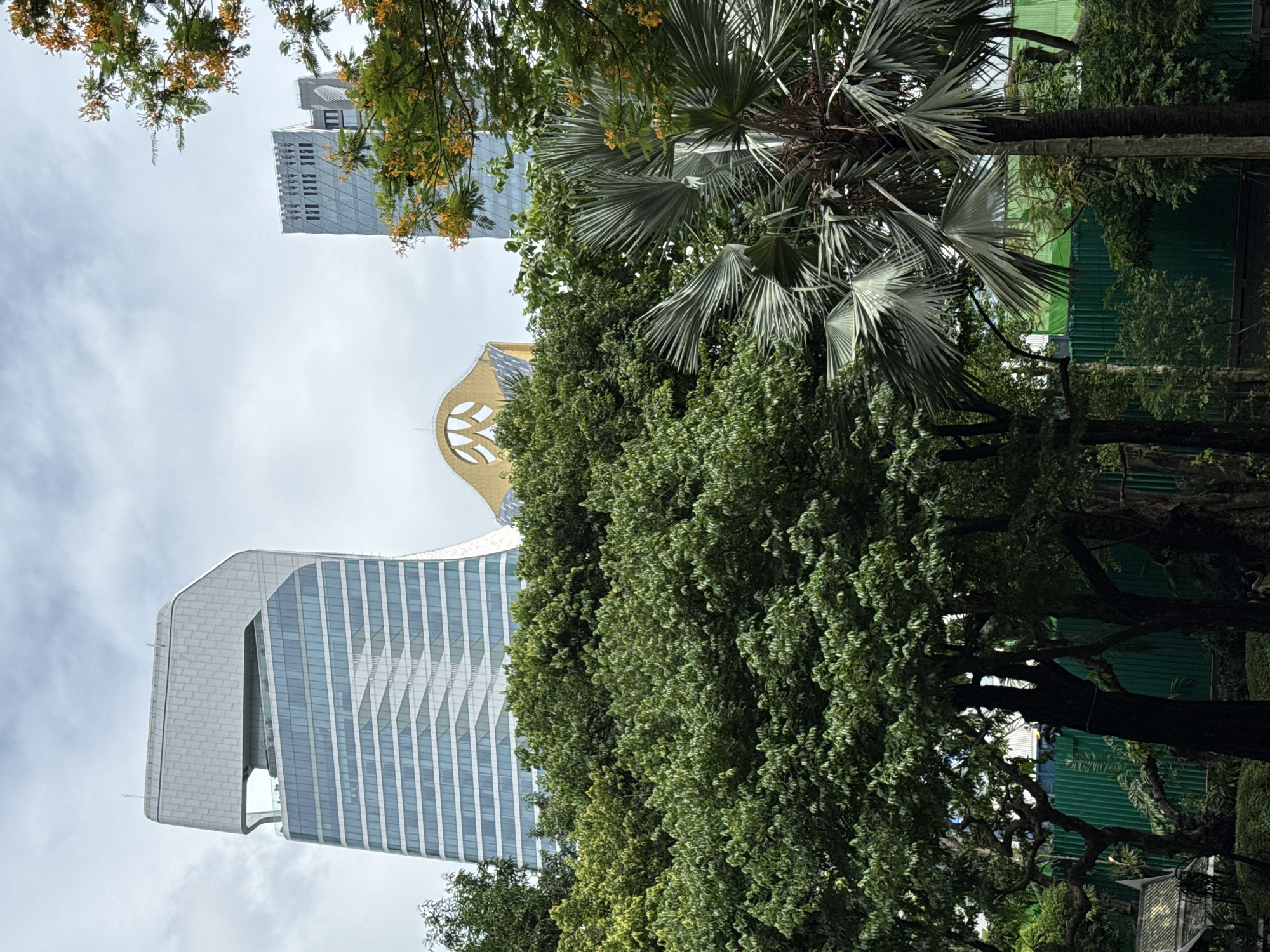 The image depicts a view of the park and surrounding skyscrapers in Bangkok, Thailand. In the foreground, lush green trees and a palm tree create a naturalistic scene. Behind the trees, several modern skyscrapers are visible, including a distinct building with a white, angled top section and a glass facade. Another skyscraper with a patterned glass exterior stands to the right, partially obscured by foliage. In the background, a golden structure with an arched, decorative top is also visible. The sky is overcast with clouds, suggesting a subdued lighting condition. A green construction barrier can be seen in the middle ground. The overall scene blends urban architecture with natural elements, common in Bangkok's cityscape.