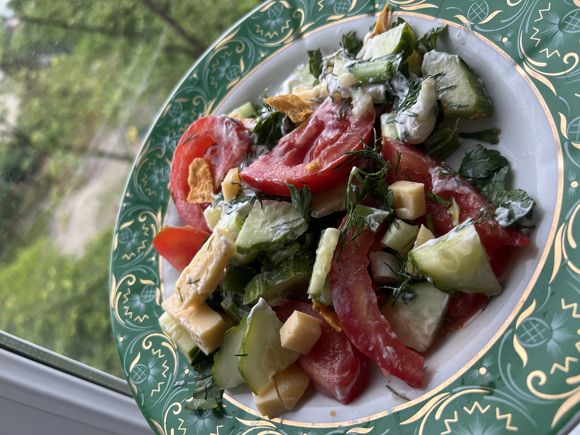 A vibrant plate of fresh salad is captured in a close-up, slightly overhead shot, positioned on a windowsill with a verdant outdoor view in the background. The salad is served on a white plate with a distinctive, wide dark green rim, elaborately decorated with intricate gold and lighter green patterns, including swirls, zig-zags, and lattice designs.
The salad itself is a colorful mix of roughly chopped, bright red tomatoes and sliced green cucumbers. Interspersed among these vegetables are small, uniform cubes of light yellow cheese, adding a creamy texture. The entire salad is generously coated with a white, creamy dressing and garnished with fresh green herbs, primarily dill and parsley. A few small, irregular, light orange/yellow pieces are also visible, hinting at an additional ingredient, possibly a crunchy element or a hard cheese.
The plate rests on a clean white surface, likely a windowsill, beside a window. Through the out-of-focus background, lush green trees and foliage are clearly visible, indicating a natural outdoor environment and suggesting daytime. The natural light illuminates the salad, enhancing its freshness. The scene depicts a wholesome meal prepared and enjoyed in a bright setting in Kyiv, Ukraine. There is no visible text in the image.