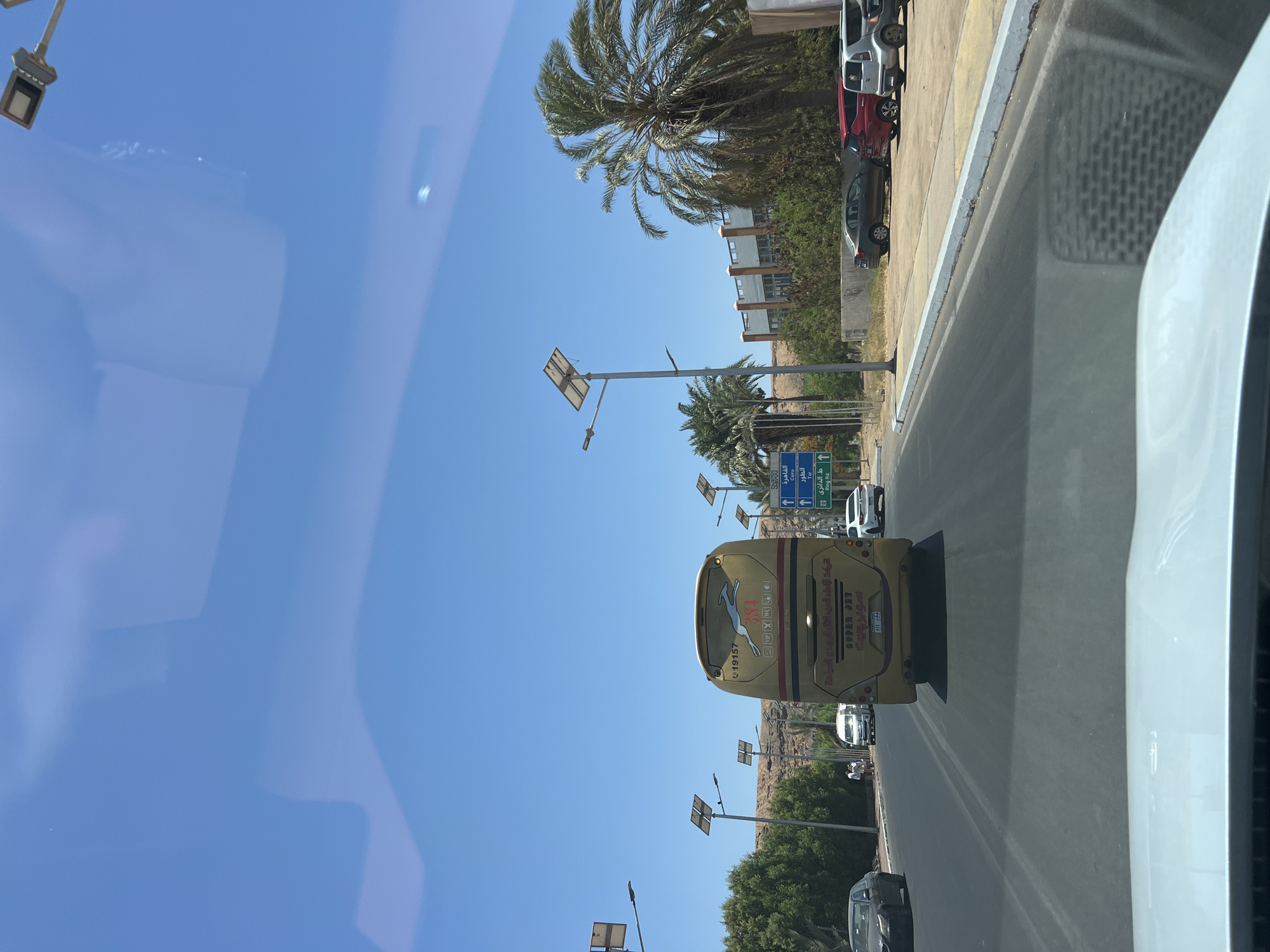 An outdoor, daytime, eye-level, medium shot shows the rear of a golden-yellow bus traveling on a multi-lane road under a clear blue sky in Sharm El Sheikh, Egypt. The bus has the number "19157" and a leaping gazelle logo on its rear. Below the logo, it reads "SUPER JET" in English and Arabic. Green directional signs are visible on the right side of the road, indicating directions to Cairo, Tor, and Ring Road. Palm trees and desert vegetation line the roadside, with buildings and solar-powered streetlights in the background. Several cars are also on the road, with some parked on the right side of the road. No people are clearly visible on the road or in the foreground.