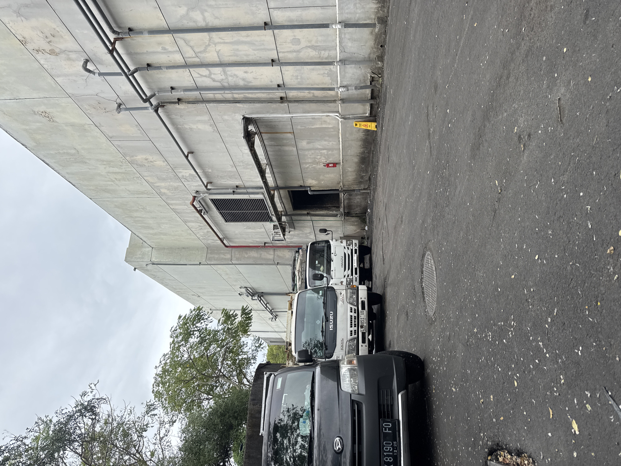 In Kuta Selatan, Indonesia, a narrow asphalt lot is occupied by three parked trucks. The closest truck, a dark gray minivan, faces forward, its license plate reading "DK 8190 FO". To its right, two white Isuzu trucks are parked behind each other. The first white truck has a license plate "L 8851 VB", and the second, further back, displays "DK 9557 HA". These vehicles are situated in front of a large, imposing concrete building, the wall of which is textured and shows signs of wear and cracking. A prominent feature of the building's facade is a network of gray pipes running vertically and horizontally across its surface. Adjacent to the building's entrance, a red fire extinguisher is mounted on the wall, and a bright yellow "wet floor" sign stands on the asphalt. Overcast skies loom above, with the branches of green trees visible on the left side of the frame, suggesting a mild climate. The ground is littered with debris, including leaves and small white fragments.