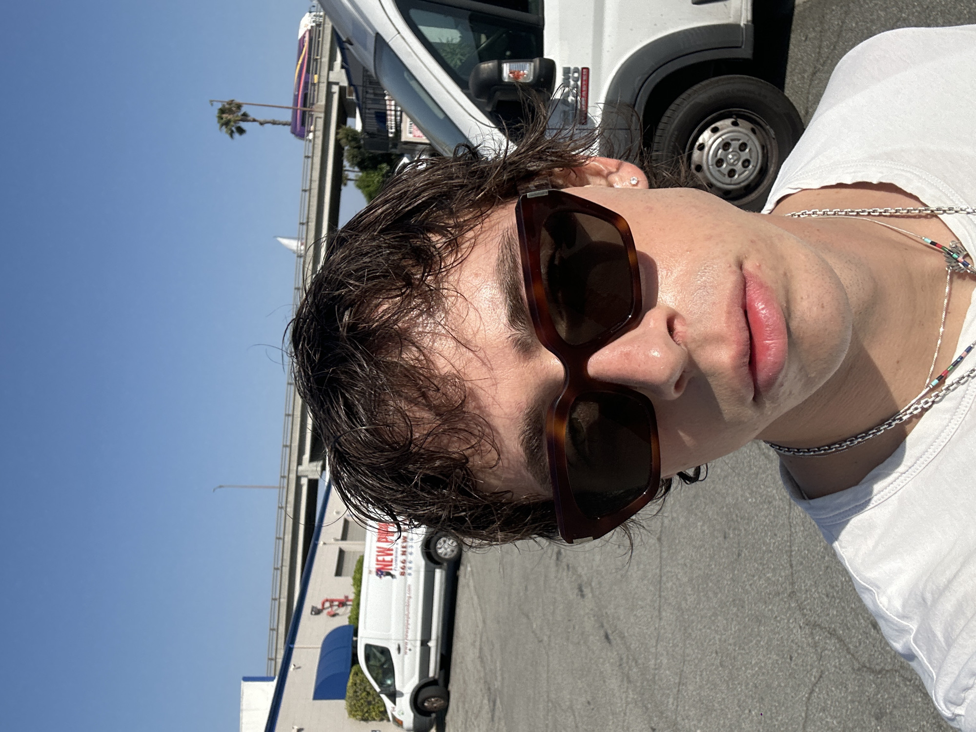 A person with dark, wet hair and sunglasses is photographed outdoors. The person is wearing a white t-shirt and a necklace. In the background are white vans, a building, a palm tree, and a tramway-like structure. The location is Glendale, United States of America.