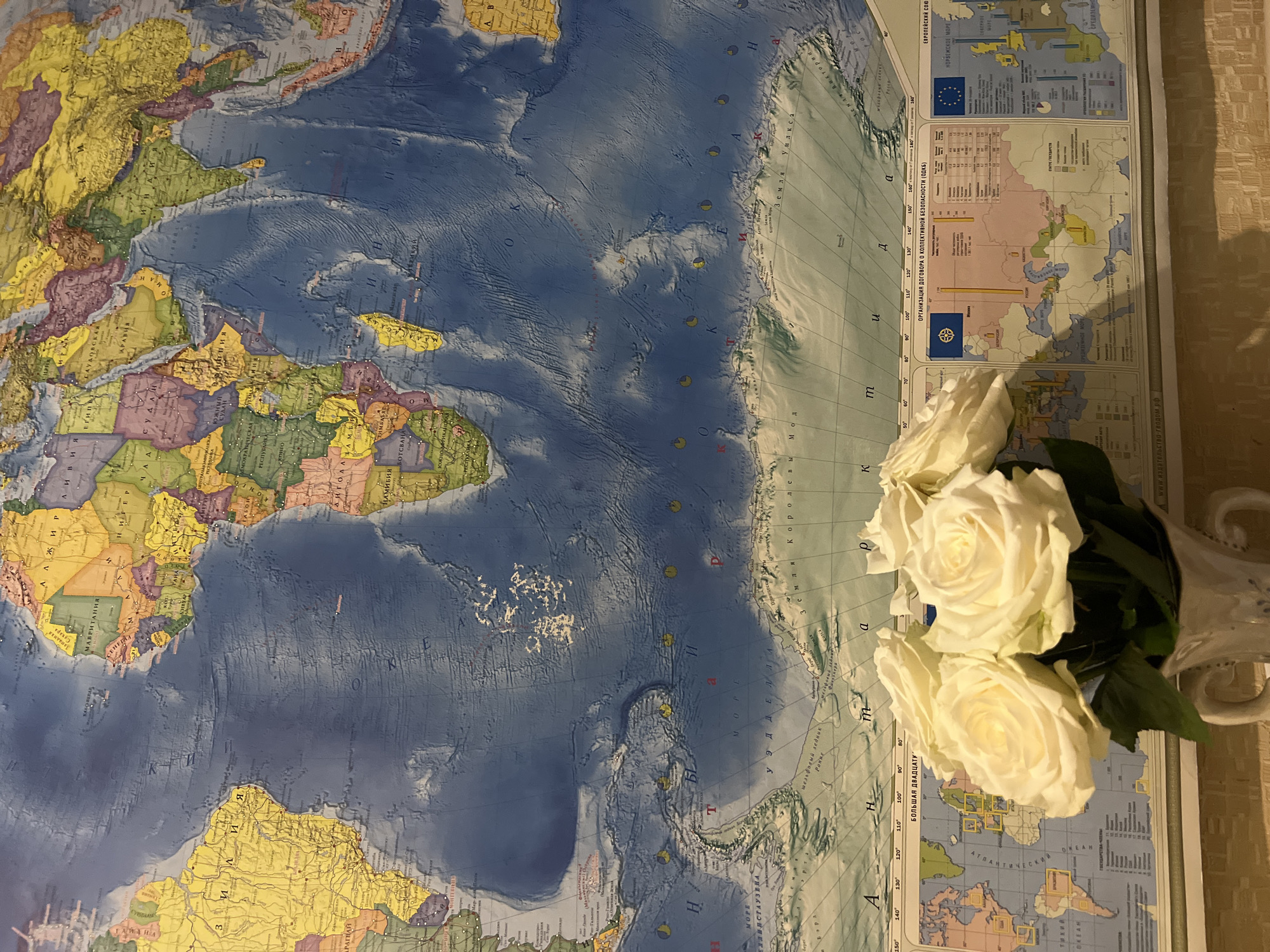 The image shows a portion of a physical map, seemingly laid out on a surface, with a vase of white roses placed upon it. The map depicts a portion of the Atlantic Ocean and surrounding continental landmasses, including portions of Africa, South America, Europe, and Antarctica. The map utilizes colors to denote different elevations and depths. A section of the map with text and graphs related to the "Organization of the Collective Security Treaty" (ODKB) and the European Union is visible on the right edge. The vase containing white roses rests on the map, partially obscuring the map details. The environment around the map is dimly lit, possibly in an indoor setting.
The image does not show or mention Sochi, Russia.