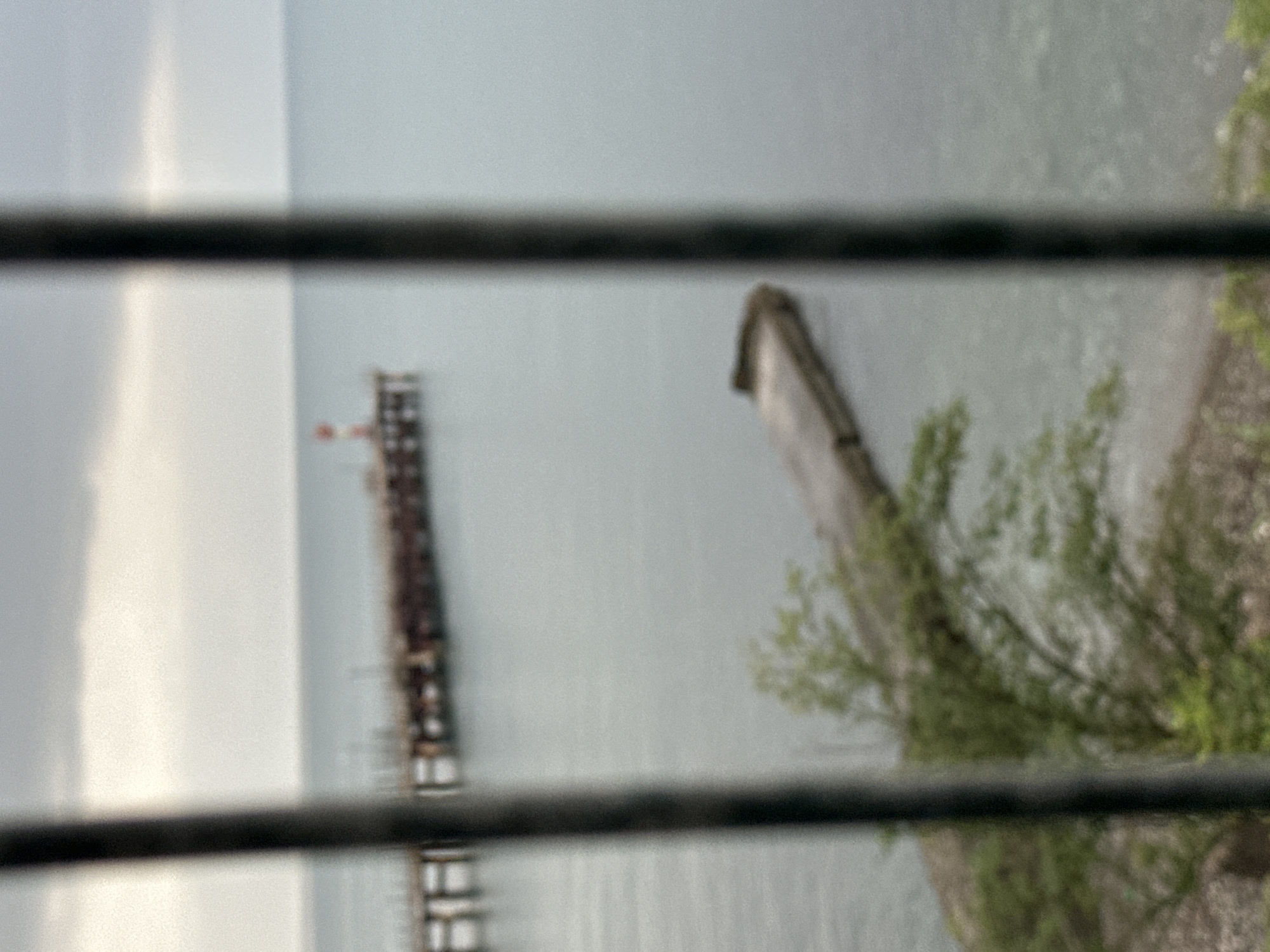 The image shows a blurry view of the Black Sea coast in Sochi, Russia, as seen through vertical bars. In the foreground, out-of-focus green foliage is visible along the shore. Further out on the water, two piers are present. The larger, more distant pier has a red and white striped lighthouse at its end. A smaller, closer concrete structure that appears to be a breakwater or a smaller pier juts out into the water. The sky is overcast and grey, suggesting a cloudy day. The overall scene is muted and somewhat melancholic due to the blurriness and the subdued lighting.