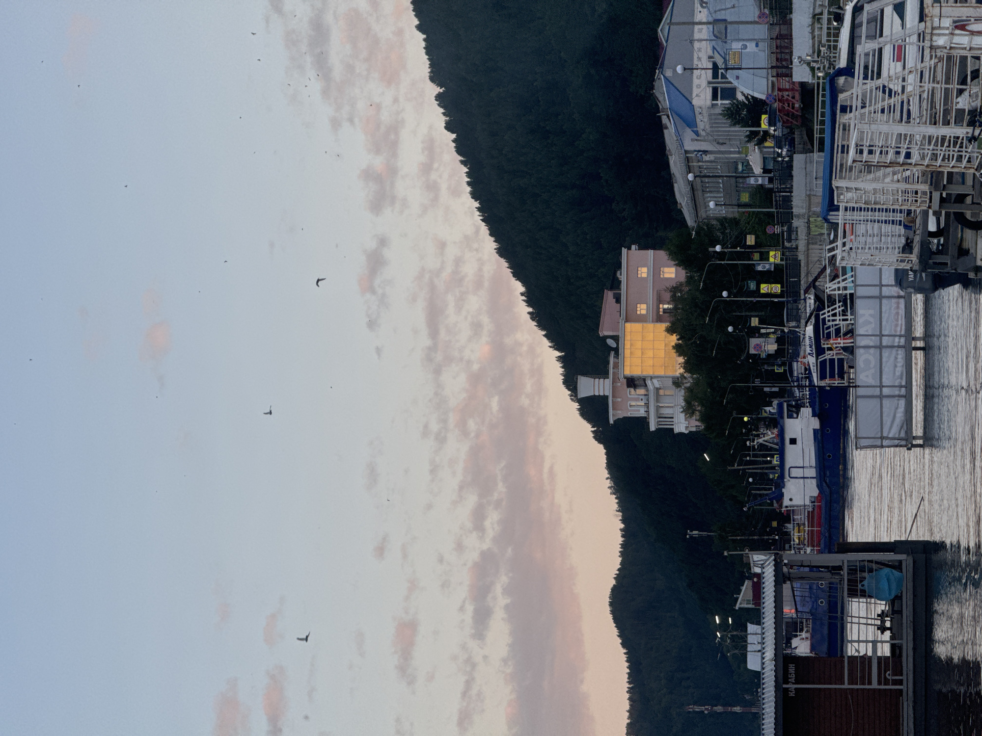 The image depicts a waterfront scene in Listvyanka, Russia, during the late afternoon or early evening. The sky is a soft blend of pale blue and pink, with scattered clouds and several birds in flight. In the background, a densely forested mountain rises, its slopes covered in dark green trees.
On the lower slopes of the mountain, a light-pink building with white architectural detailing and several illuminated windows stands out. Adjacent to this building are other structures, including a gray building with a blue roof and a modern, glass-fronted structure. A street with lampposts and various signs runs in front of these buildings.
The foreground is dominated by a body of water, likely Lake Baikal. Several boats are docked or in the water. On the left, a section of a wooden structure with the Cyrillic word "КАРАБИН" visible on its side is prominent. Further into the water, a blue and white boat is moored, and other vessels, including those with white metal railings and canvas coverings, are visible. The water reflects the sky and the surrounding structures. There are no people clearly visible in the frame. The overall atmosphere is calm and serene.