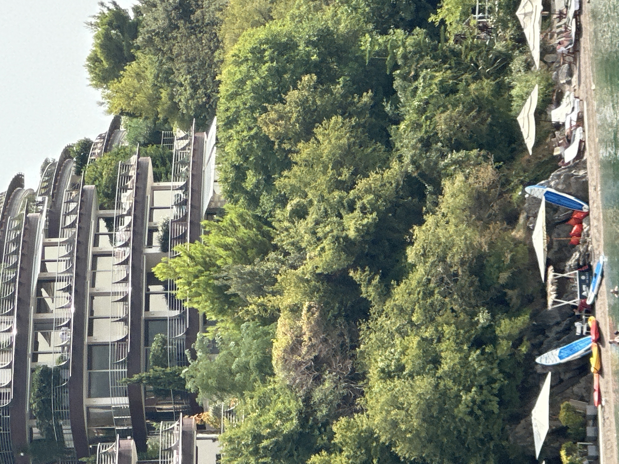 The image depicts a modern, curved hotel building situated on a hillside covered in lush greenery, likely in Budva, Montenegro. The hotel features multiple levels with balconies overlooking a serene body of water, possibly the Adriatic Sea. In the foreground, a beach area is set up with lounge chairs, umbrellas, and several watercraft, including kayaks and paddleboards, suggesting a resort or vacation destination. A small bar or kiosk is also visible on the beach. The overall scene conveys a sense of relaxation and natural beauty, with the architecture harmonizing with the surrounding environment.