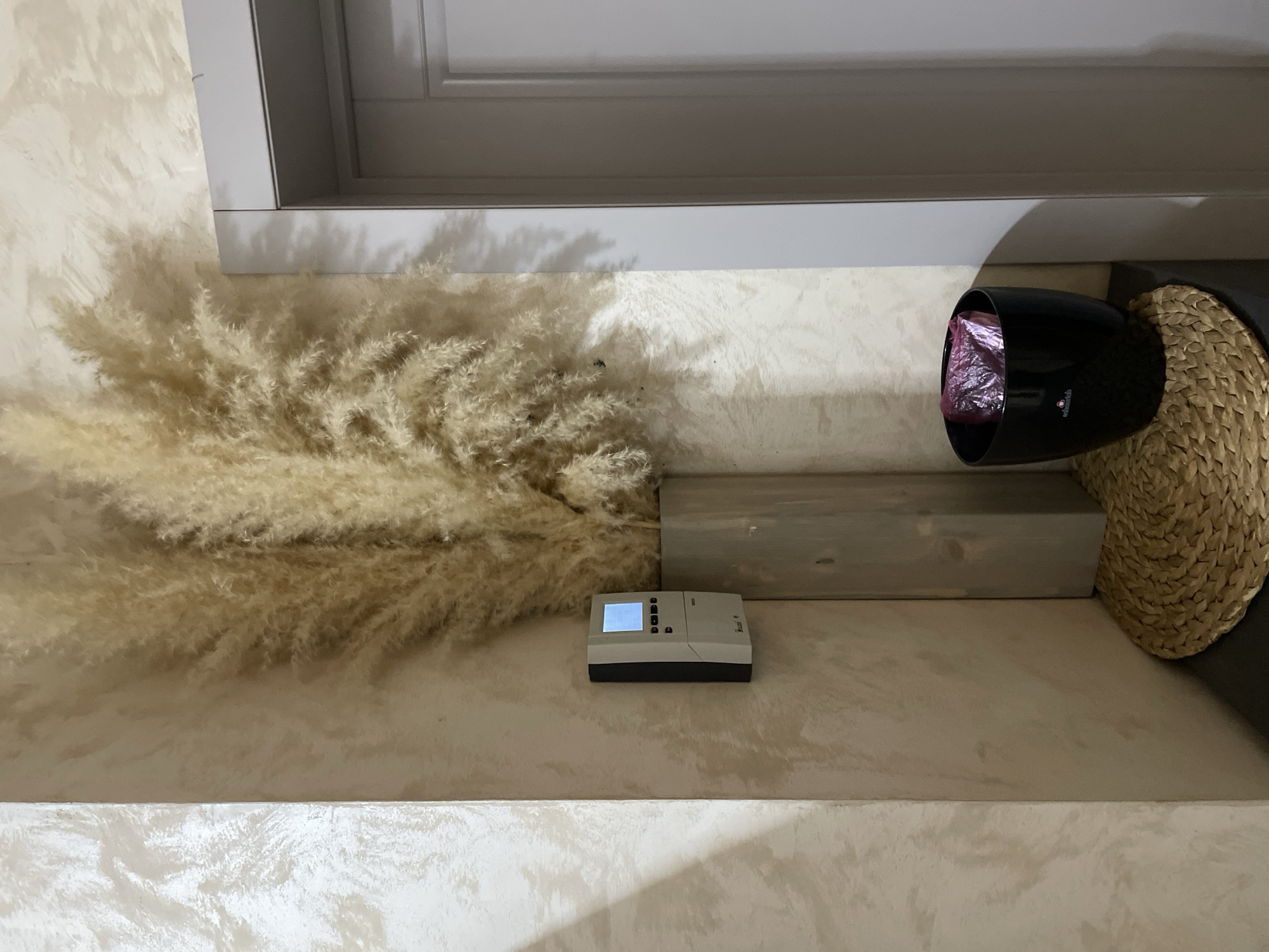 Captured in what appears to be an indoor setting, the photograph showcases a ledge or shelf decorated with a range of items. A window frame looms overhead, casting a shadow on the scene.
To the left, a large cluster of beige pampas grass creates a soft, textured visual. A thermostat is situated nearby, sporting a display screen, buttons, and a two-toned design featuring white and dark-blue sections. Adjacent to the thermostat, a rectangular block of light-grey wood adds a subtle geometric element.
On the right side of the frame, a black canister with a pink liner can be seen resting against a woven basket-like object, all set against a backdrop of beige textured walls. The environment evokes a sense of styled domestic space with a mix of natural and artificial elements.