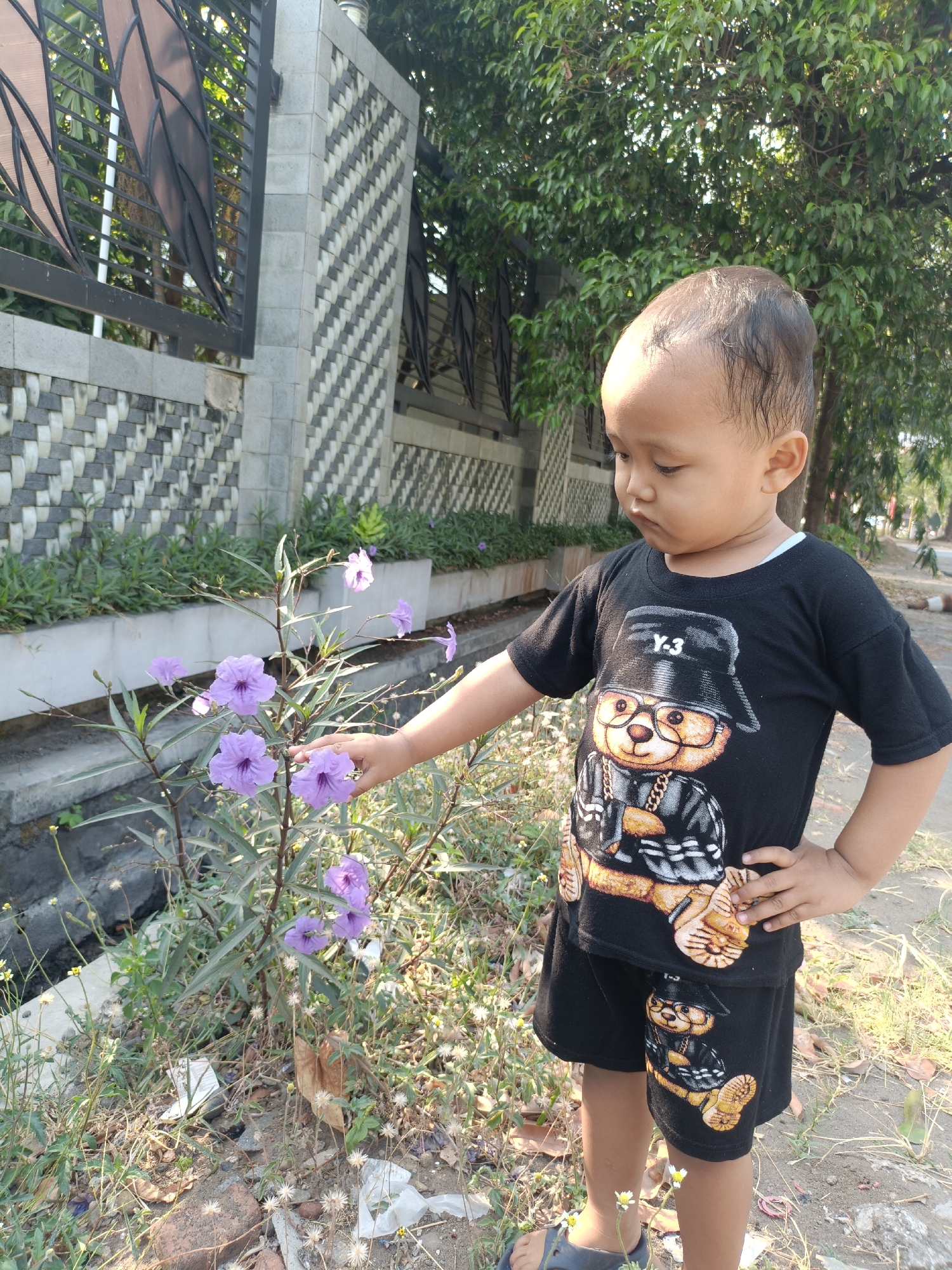 A young child, approximately two years old, stands outdoors in a sunny environment, possibly a roadside or garden area in Kediri City, Indonesia. The child, wearing a black t-shirt and black shorts featuring a graphic of a teddy bear, is facing right and looking down at a cluster of purple flowers. The child's right hand is extended towards the flowers, with the index finger appearing to touch one of them. The background features a textured concrete wall with a decorative metal fence and lush green trees. The ground is a mix of dirt, grass, and some scattered debris. The overall scene suggests a casual moment of observation and interaction with nature.