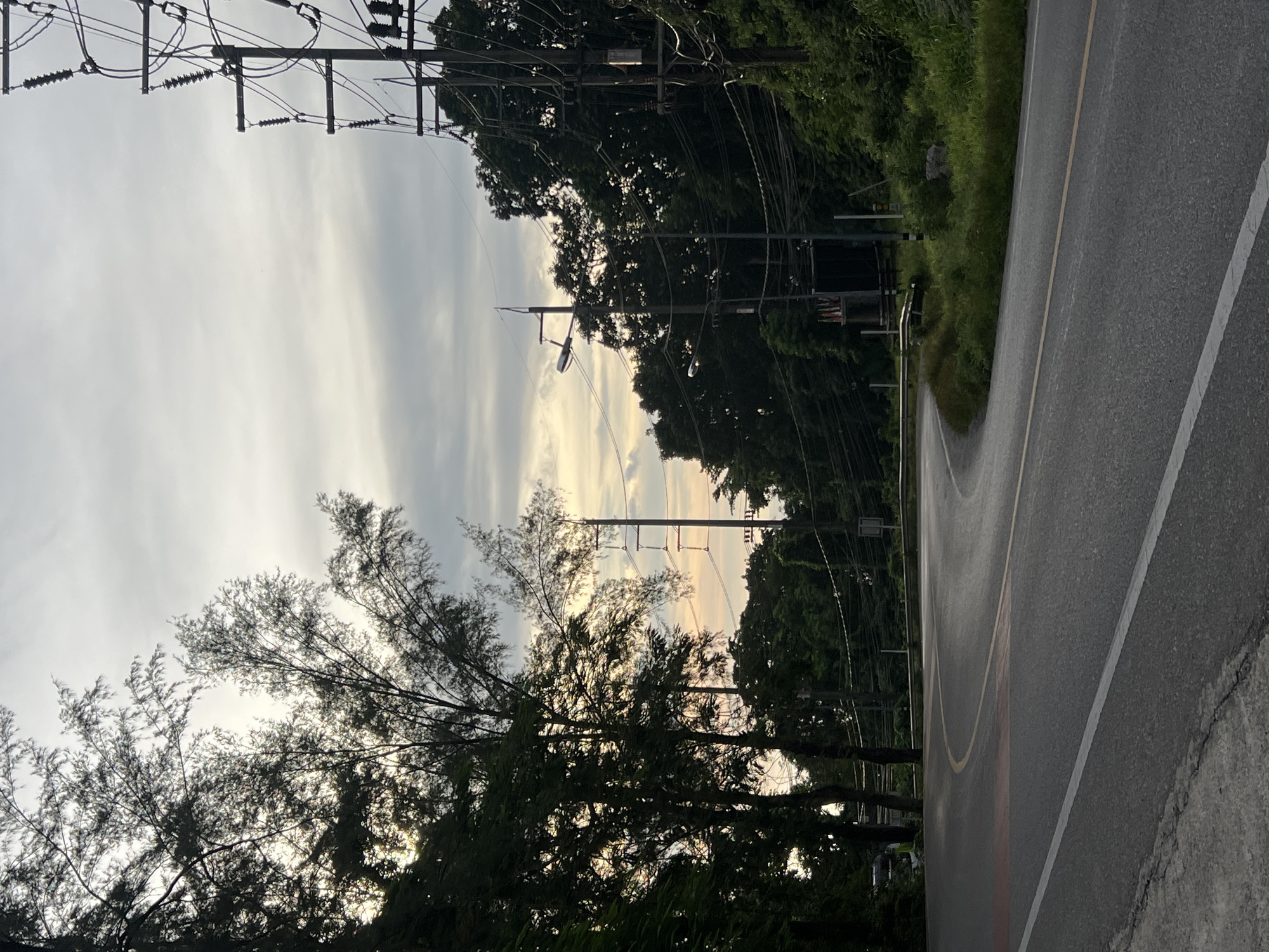 The image depicts a winding asphalt road in Ban Bang Thao, Thailand, bordered by lush green vegetation and tall trees on either side. The sky is overcast with hints of soft light breaking through, suggesting it may be early morning or late afternoon. Utility poles with numerous wires and insulators are visible along the right side of the road, indicating the presence of electricity infrastructure. The road has white and yellow lane markings, and a red section on the left edge suggests a designated area. The overall scene conveys a sense of a semi-rural or suburban environment on the outskirts of a city.