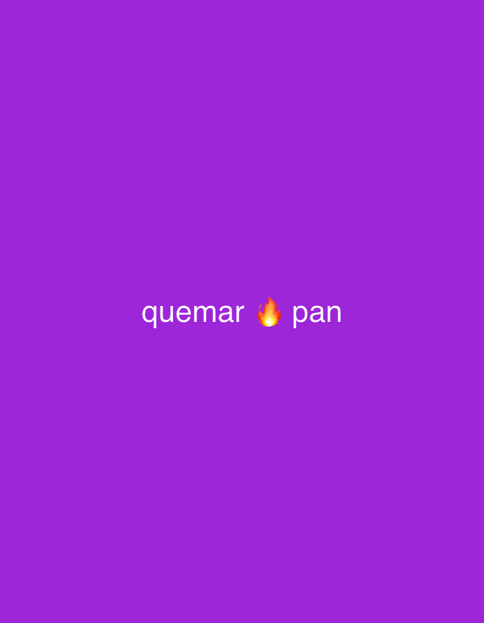 The image displays a digital graphic with white text and an emoji centered on a solid, vibrant purple background. No people or specific objects are depicted. The scene is a simple, plain colored canvas.
The visible text reads "quemar 🔥 pan". "Quemar" is Spanish for "to burn," and "pan" is Spanish for "bread." The fire emoji (🔥) visually reinforces the concept of burning. The phrase translates to "burn 🔥 bread," likely alluding to the common experience of burning toast or other bread products, often used in a humorous or relatable context.
There are no activities or events taking place within the image, as it is a static graphic. Notable details such as time of day, weather, or specific location cues are absent from the visual content. The provided context indicates the image is associated with Santa Ana, Venezuela, though this location is not visually represented in the media file itself.