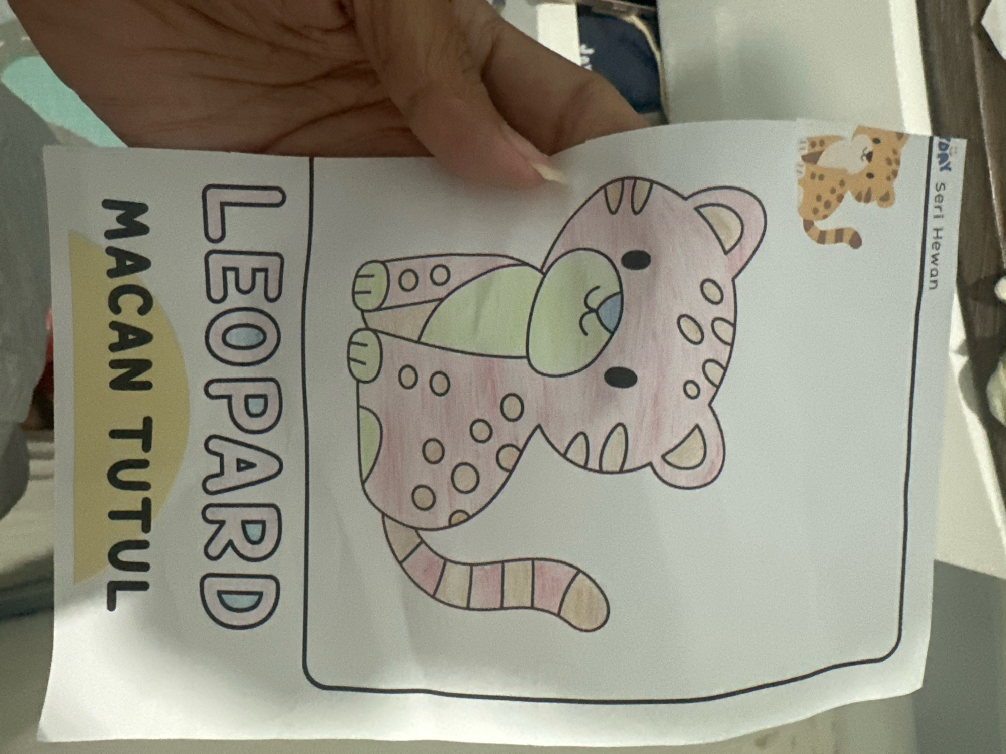 A coloring page featuring a cartoon leopard is held by a person's hand, obscuring part of the top of the image. The leopard is depicted in pink, with green accents on its belly and ears, and light brown spots. The text "LEOPARD" is written vertically in large, outlined letters to the left of the leopard, followed by "MACAN TUTUL" below it. To the right of the leopard, a smaller cartoon cheetah is printed with the text "DAY Seri Hewan". The scene appears to be indoors, with a neutral background. The image is oriented with the top edge to the left. The exact location of City of Binjai, Indonesia is not discernible from the provided image.