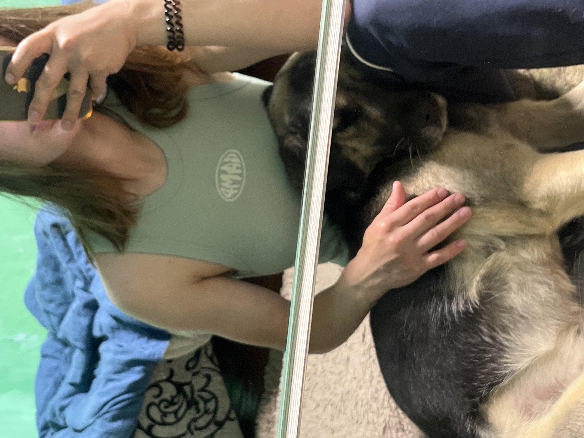 The image shows a person taking a selfie in a mirror. The person is holding a phone in their right hand and has their left hand resting on a dog. The dog appears to be a German Shepherd and is lying down. The person is wearing a light green tank top with a logo on it and dark blue pants. In the background, there is a blue blanket and a green wall. The floor is covered with a beige rug. There is a reflective surface in the foreground, likely a mirror, which shows the reflection of the person and the dog. The image appears to be taken indoors. There is no information in the image to suggest the location is in Nizhny Tagil, Russia.