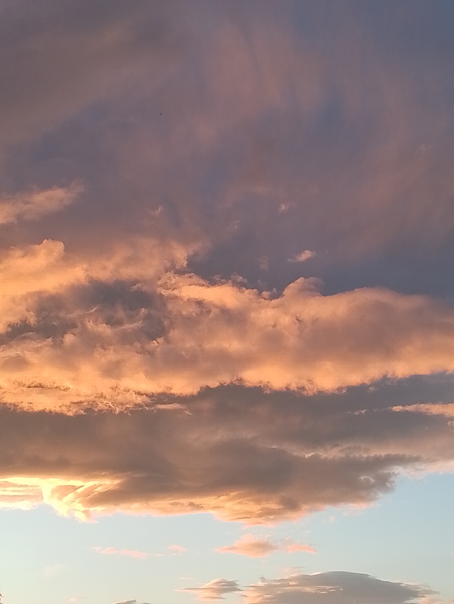 The image displays a dramatic sky filled with clouds illuminated by the setting sun. The clouds range in color from deep gray and purple to vibrant oranges and pinks, creating a striking contrast. The lower portion of the sky shows a lighter blue hue. There are no identifiable people, subjects, or objects in the foreground or background. The scene is a natural, atmospheric phenomenon. No specific location in Ulan-Ude, Russia can be determined from the visual information provided.