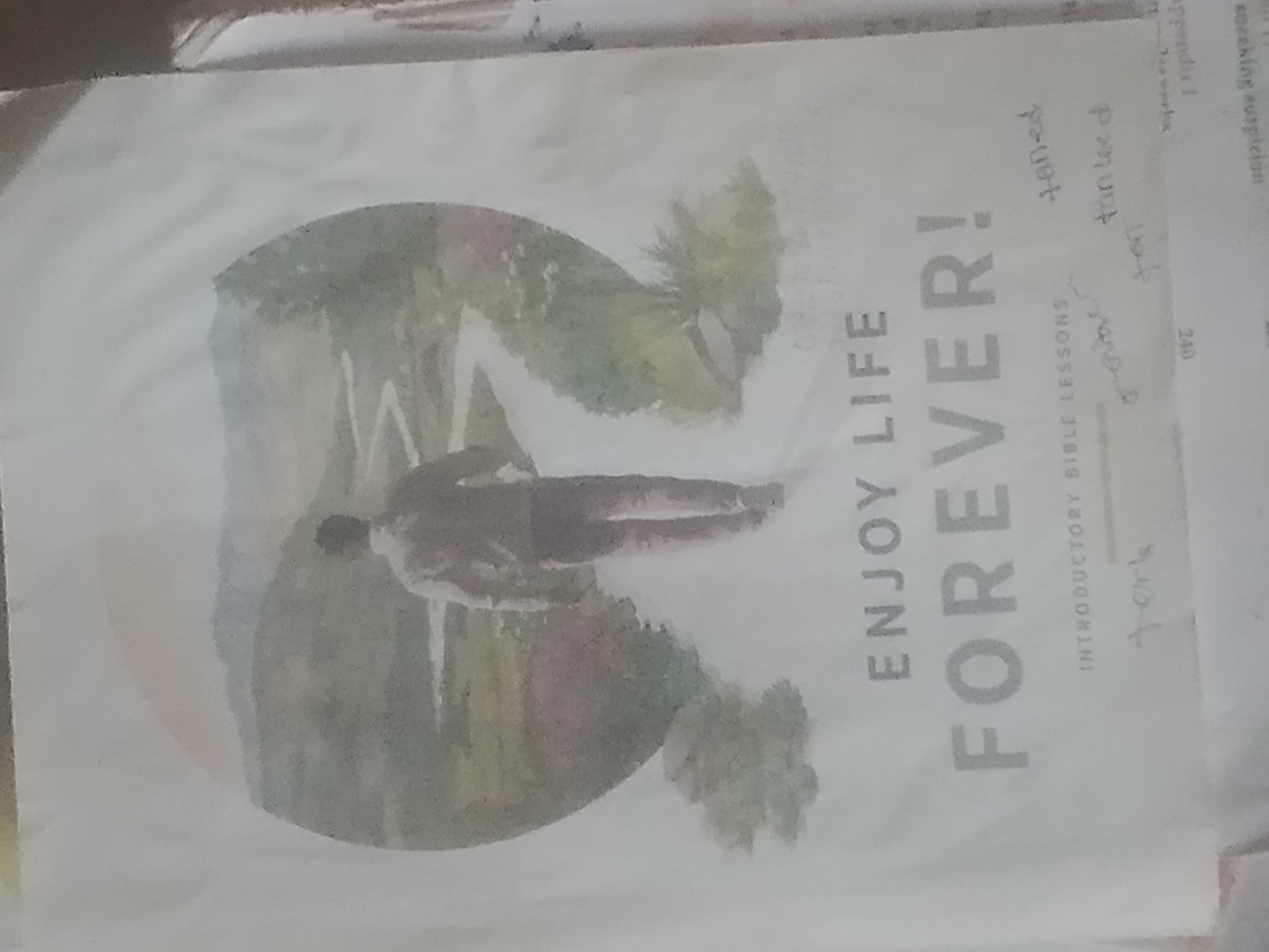 The image is of a book cover titled "ENJOY LIFE FOREVER!" with "INTRODUCTORY BIBLE LESSONS" below it. The cover features a watercolor-style illustration of a person walking on a path through a scenic landscape. There are handwritten notes on the right side of the cover. The image is taken in Jauro Yinu, Nigeria, likely indoors as it appears to be a personal item.
