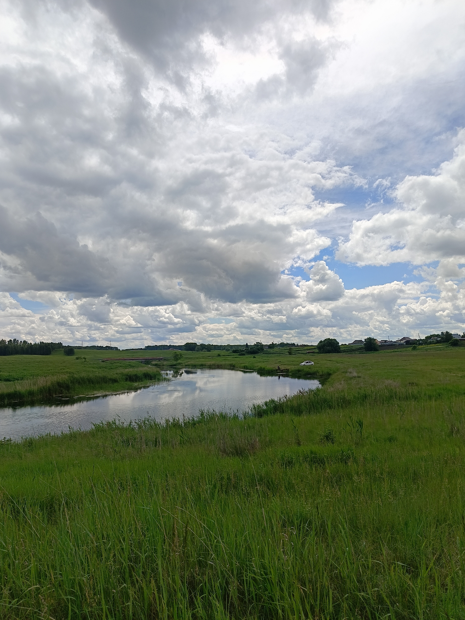 The image depicts a wide, calm river flowing through a lush green landscape under a dramatic sky filled with heavy, gray clouds interspersed with patches of blue. Tall, vibrant green grass lines the banks of the river, some of it appearing wild and overgrown. In the distance, a narrow red bridge crosses the river, and beyond that, a treeline of dark green trees stretches across the horizon. To the right of the river, the landscape transitions into rolling fields, with scattered trees and the roofs of several buildings, suggesting a rural or semi-rural settlement. The reflection of the sky and the surrounding greenery is visible on the surface of the water. The overall impression is one of a serene, natural setting, likely in the countryside.